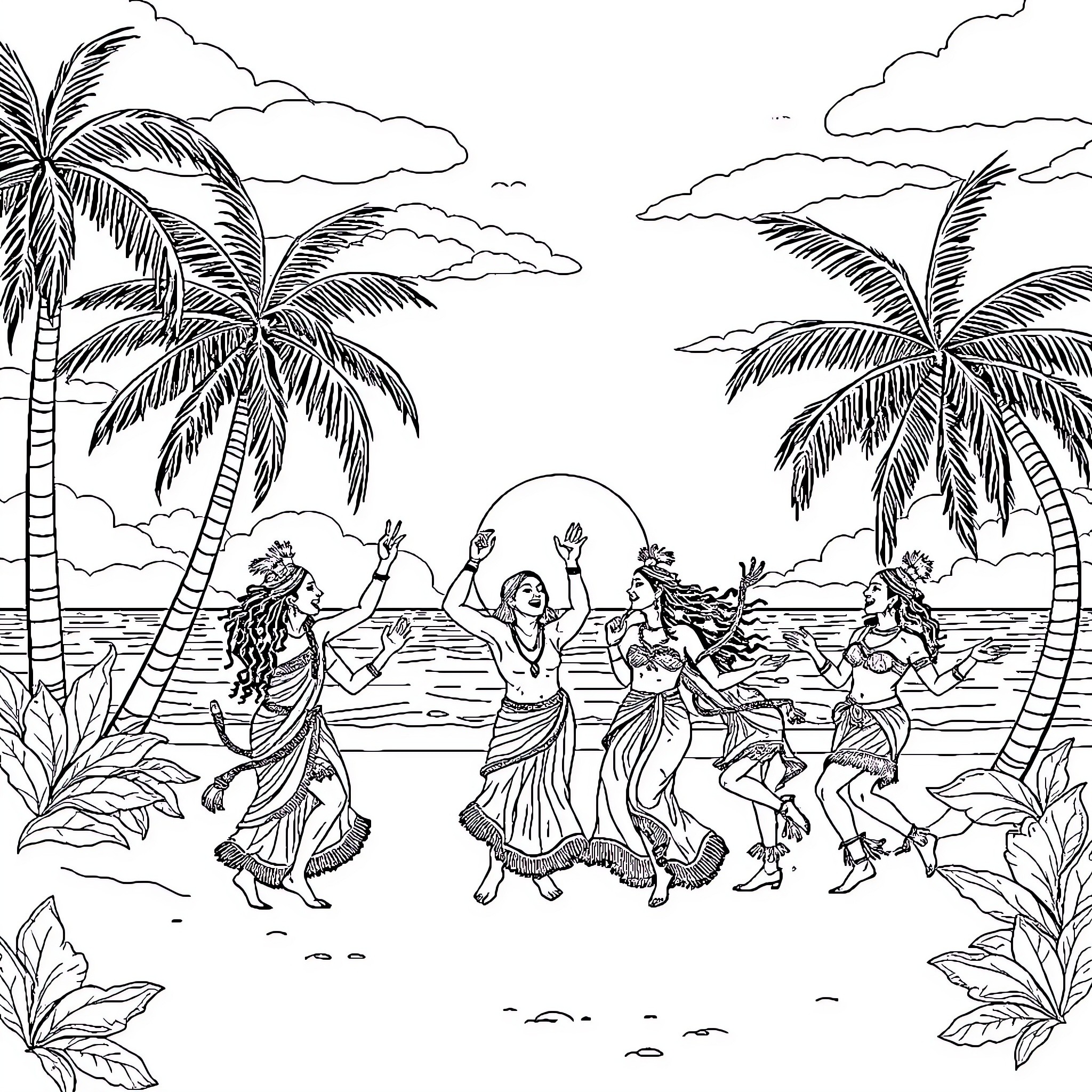 Indian Folk Dance Performance on the Beach Coloring Page (free black-and-white line drawing printable PDF for all, from beginners to advanced learners, including children, teens, adults, and seniors)