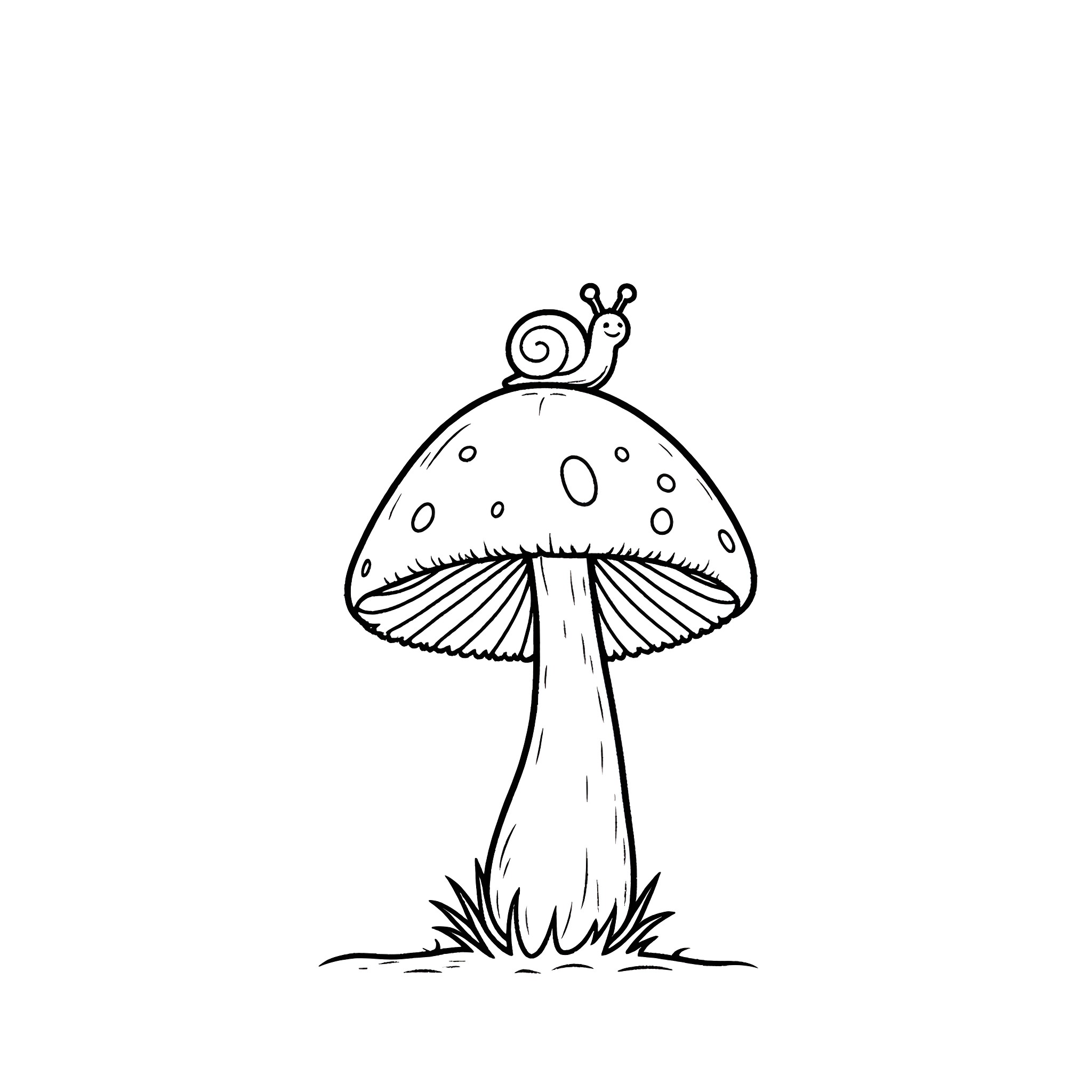 Mushroom with a whimsical snail companion Coloring Page (free black-and-white line drawing printable PDF for all, from beginners to advanced learners, including children, teens, adults, and seniors)