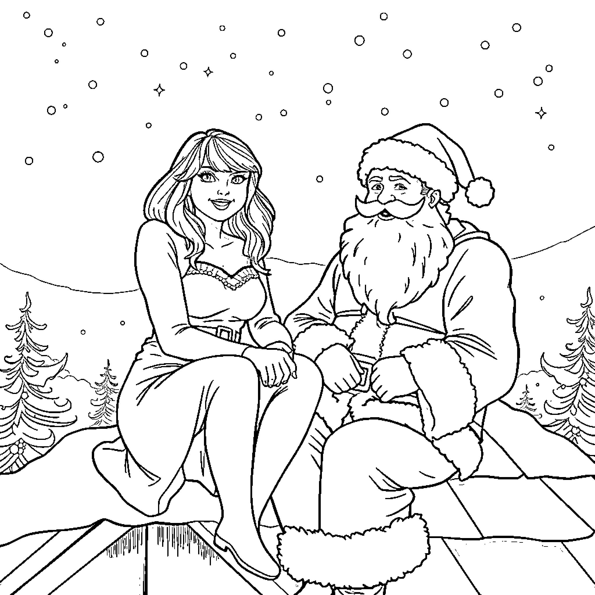 Taylor Swift and Santa Claus in winter wonderland Coloring Page (free black-and-white line drawing printable PDF for all, from beginners to advanced learners, including children, teens, adults, and seniors)