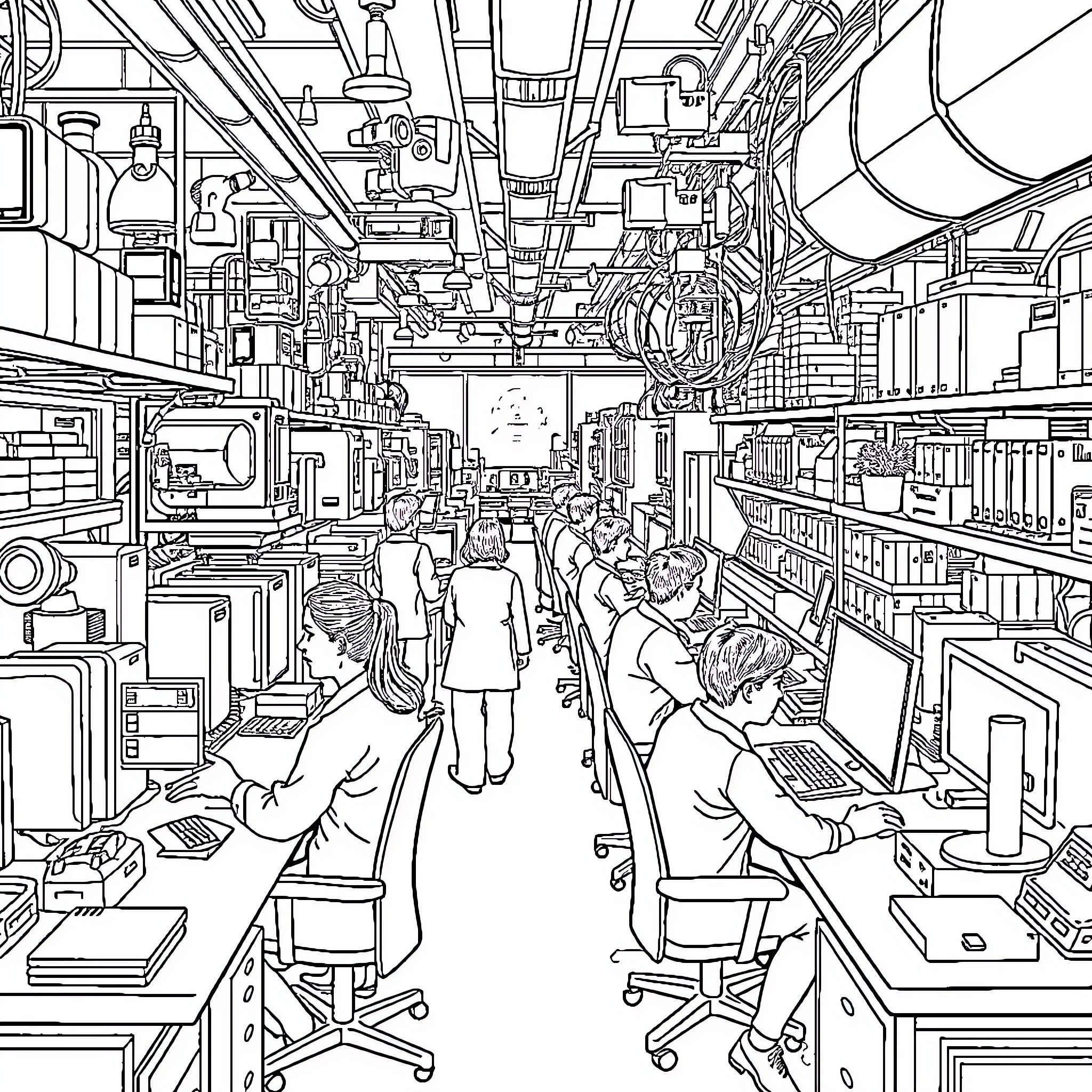 Lab of Busy Researchers and Technicians at Work Coloring Page (free black-and-white line drawing printable PDF for all, from beginners to advanced learners, including children, teens, adults, and seniors)