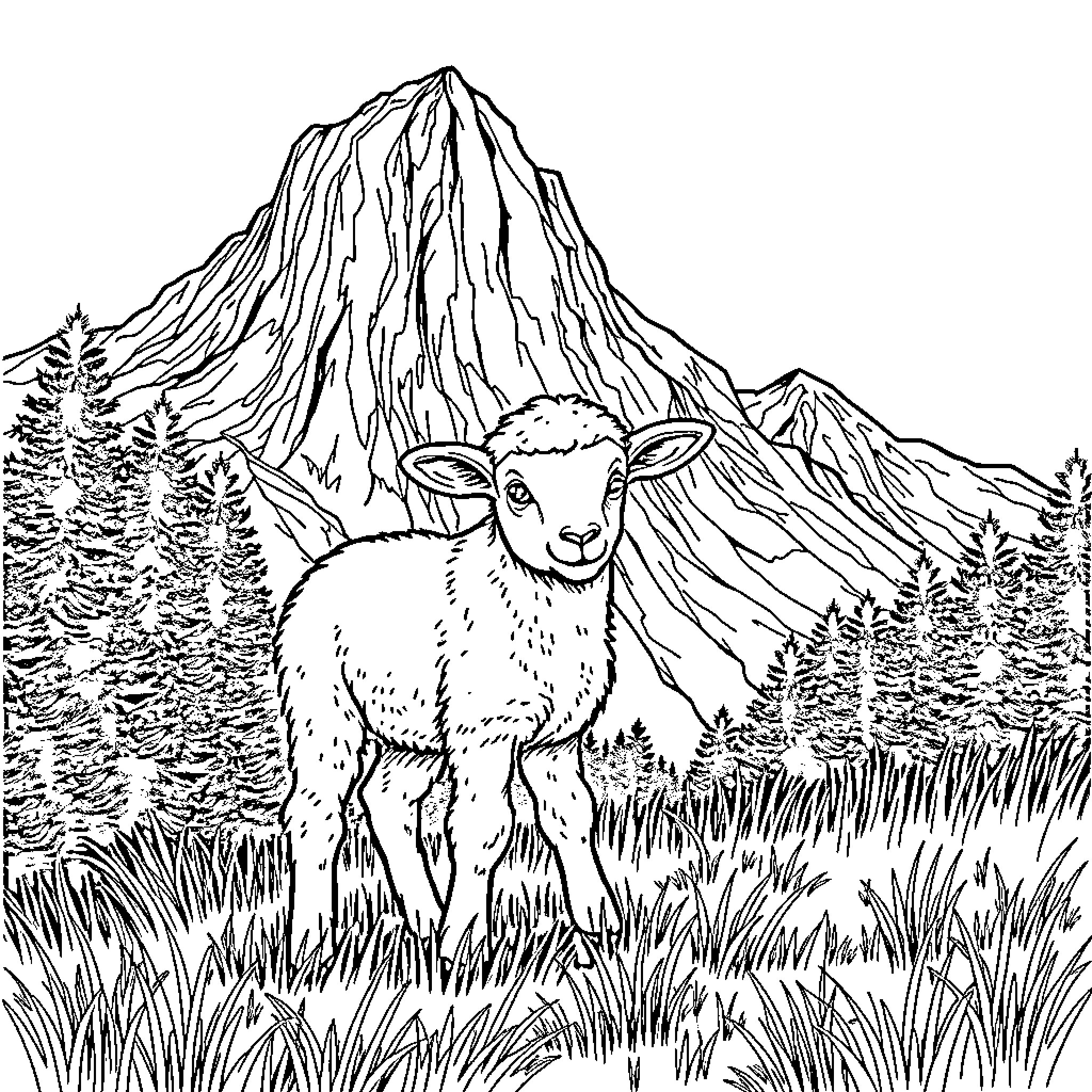 Lamb exploring the majestic mountain landscape Coloring Page (free black-and-white line drawing printable PDF for all, from beginners to advanced learners, including children, teens, adults, and seniors)