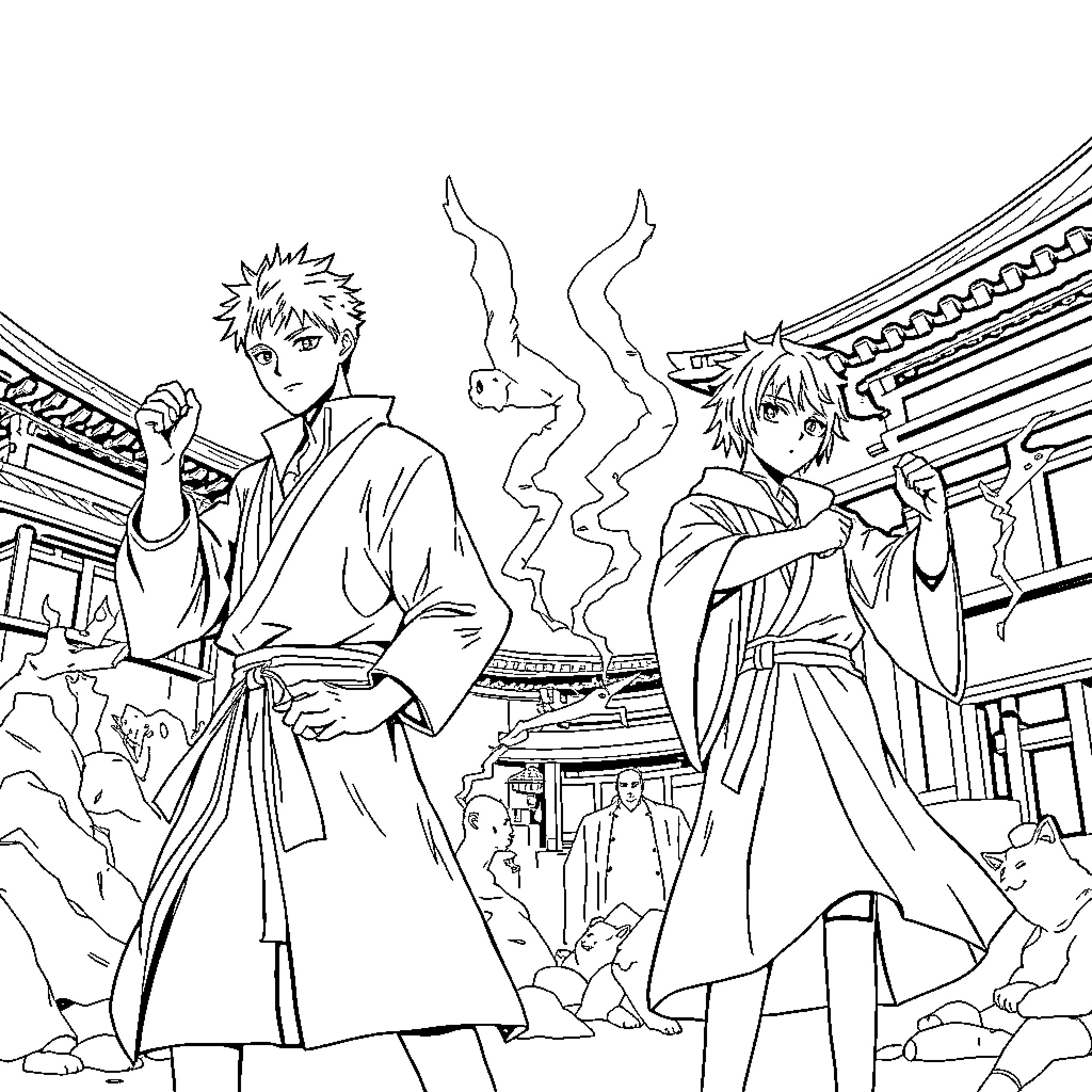 Jujutsu Kaisen - Two Jujutsu Sorcerers in Dramatic Confrontation Coloring Page (free black-and-white line drawing printable PDF for all, from beginners to advanced learners, including children, teens, adults, and seniors)