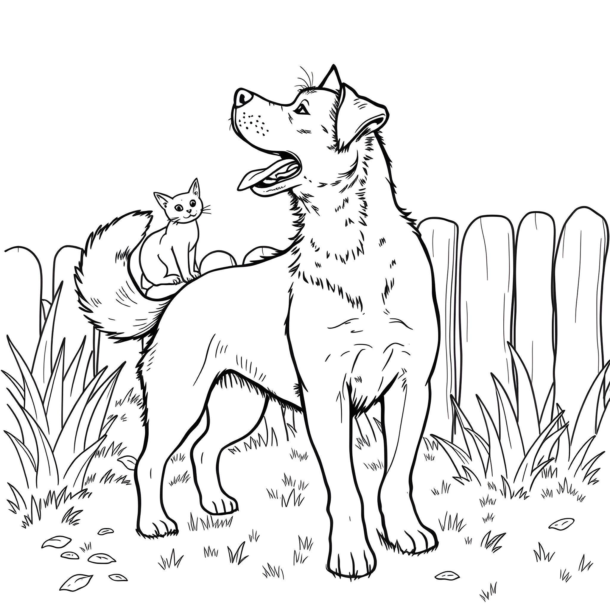 Dog and cat exploring the outdoors Coloring Page (free black-and-white line drawing printable PDF for all, from beginners to advanced learners, including children, teens, adults, and seniors)