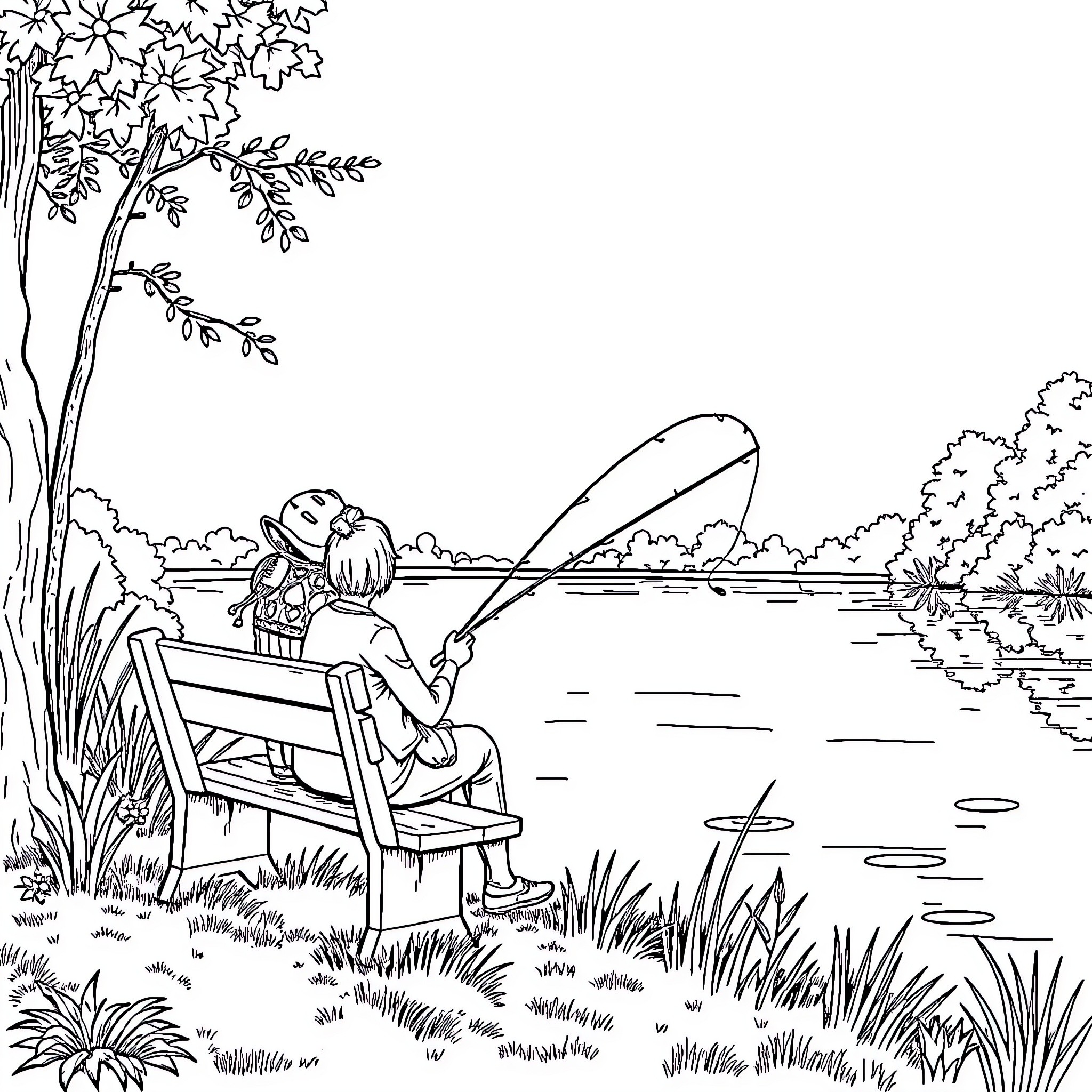 Couple enjoying fishing on a peaceful lakeside Coloring Page (free black-and-white line drawing printable PDF for all, from beginners to advanced learners, including children, teens, adults, and seniors)