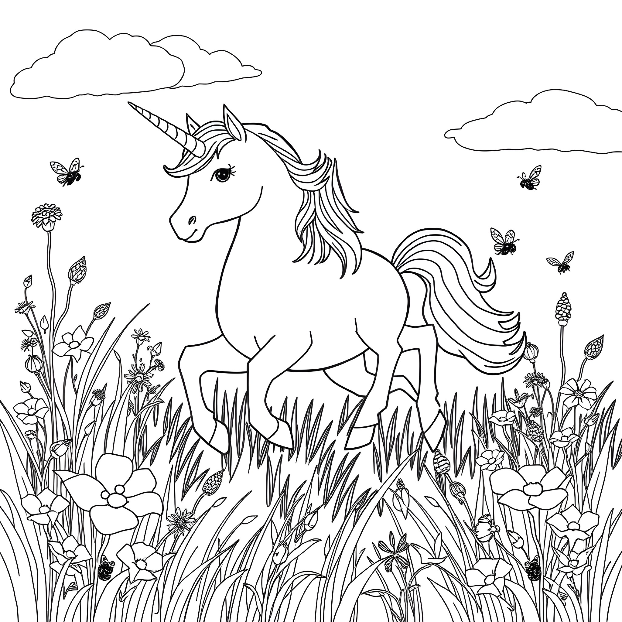 Unicorn wandering through a magical flower field Coloring Page (free black-and-white line drawing printable PDF for all, from beginners to advanced learners, including children, teens, adults, and seniors)