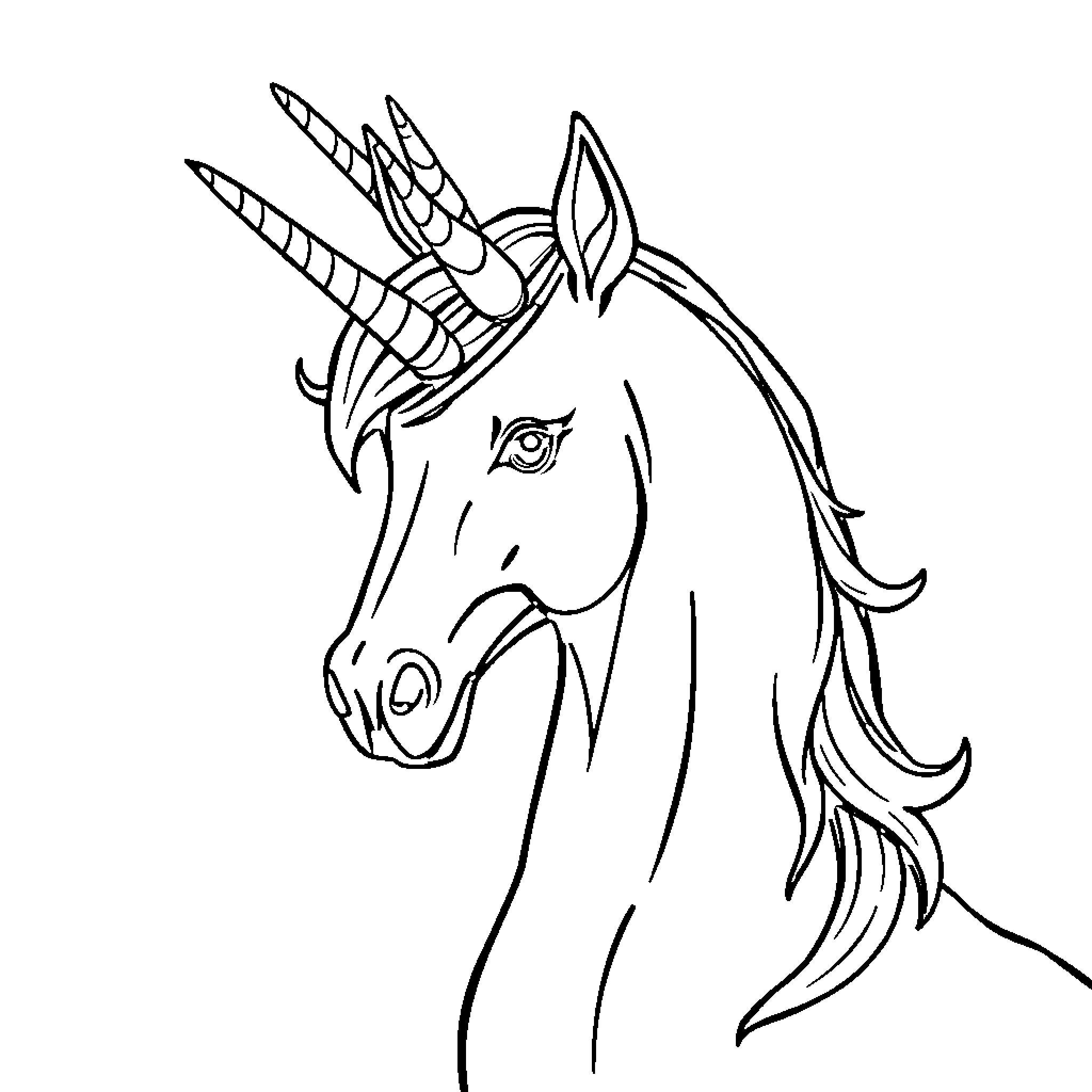 Unicorn with a majestic horn and flowing mane Coloring Page (free black-and-white line drawing printable PDF for all, from beginners to advanced learners, including children, teens, adults, and seniors)
