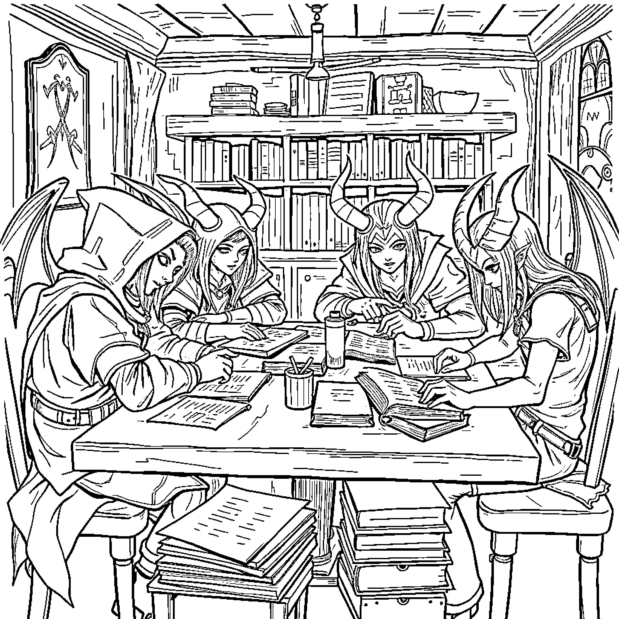 Demon Hunters Studying Arcane Texts in a Cluttered Library Coloring Page (free black-and-white line drawing printable PDF for all, from beginners to advanced learners, including children, teens, adults, and seniors)