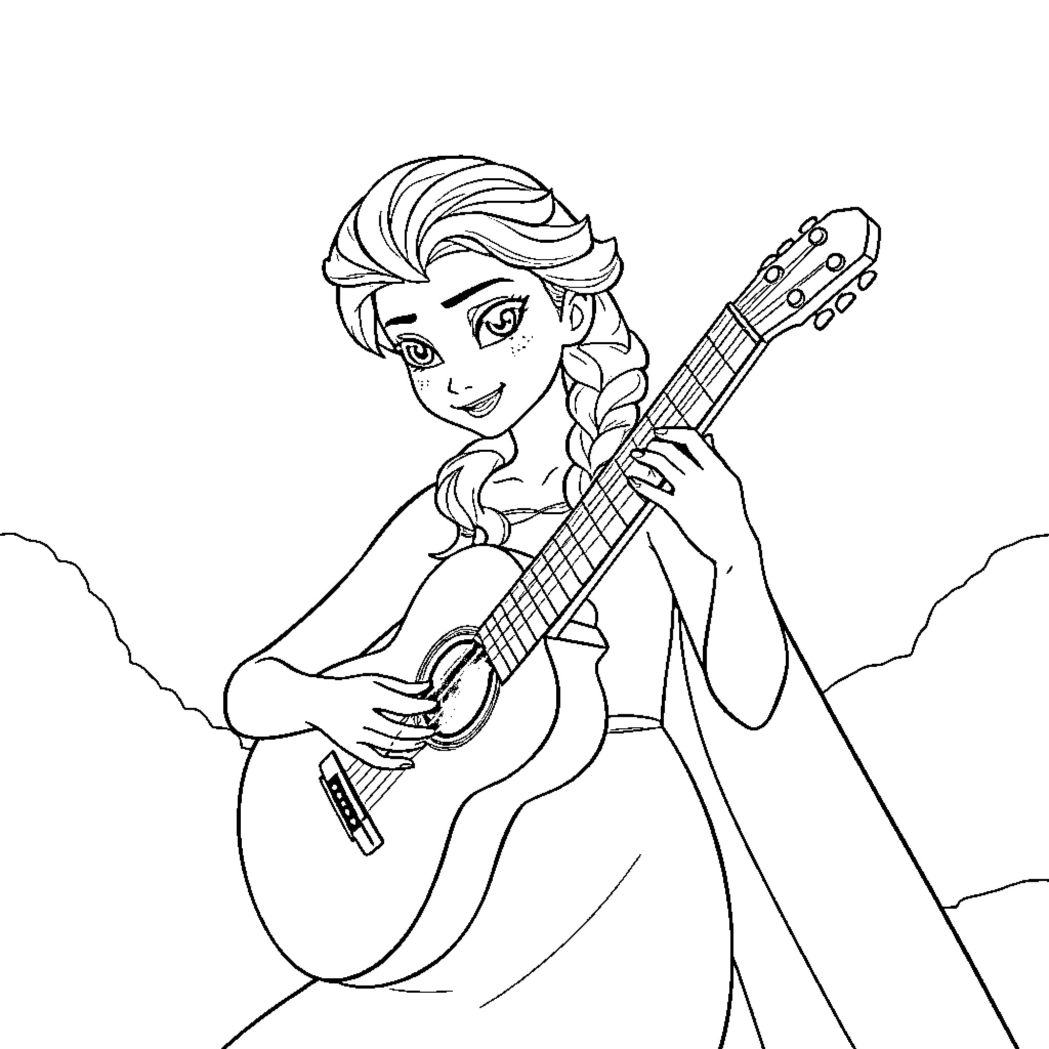 Elsa playing guitar in the mountains Coloring Page (free black-and-white line drawing printable PDF for all, from beginners to advanced learners, including children, teens, adults, and seniors)