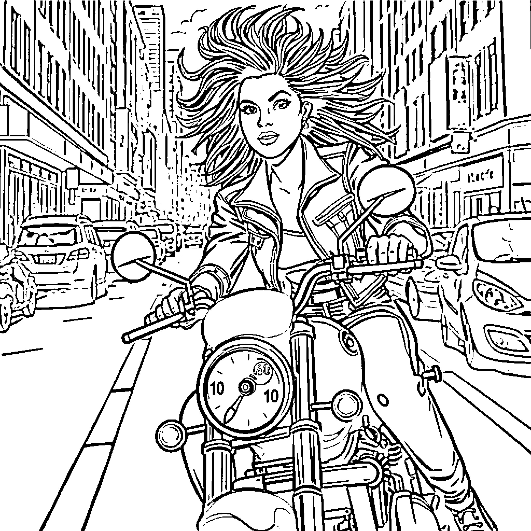 Harly riding a motorcycle through the city Coloring Page (free black-and-white line drawing printable PDF for all, from beginners to advanced learners, including children, teens, adults, and seniors)