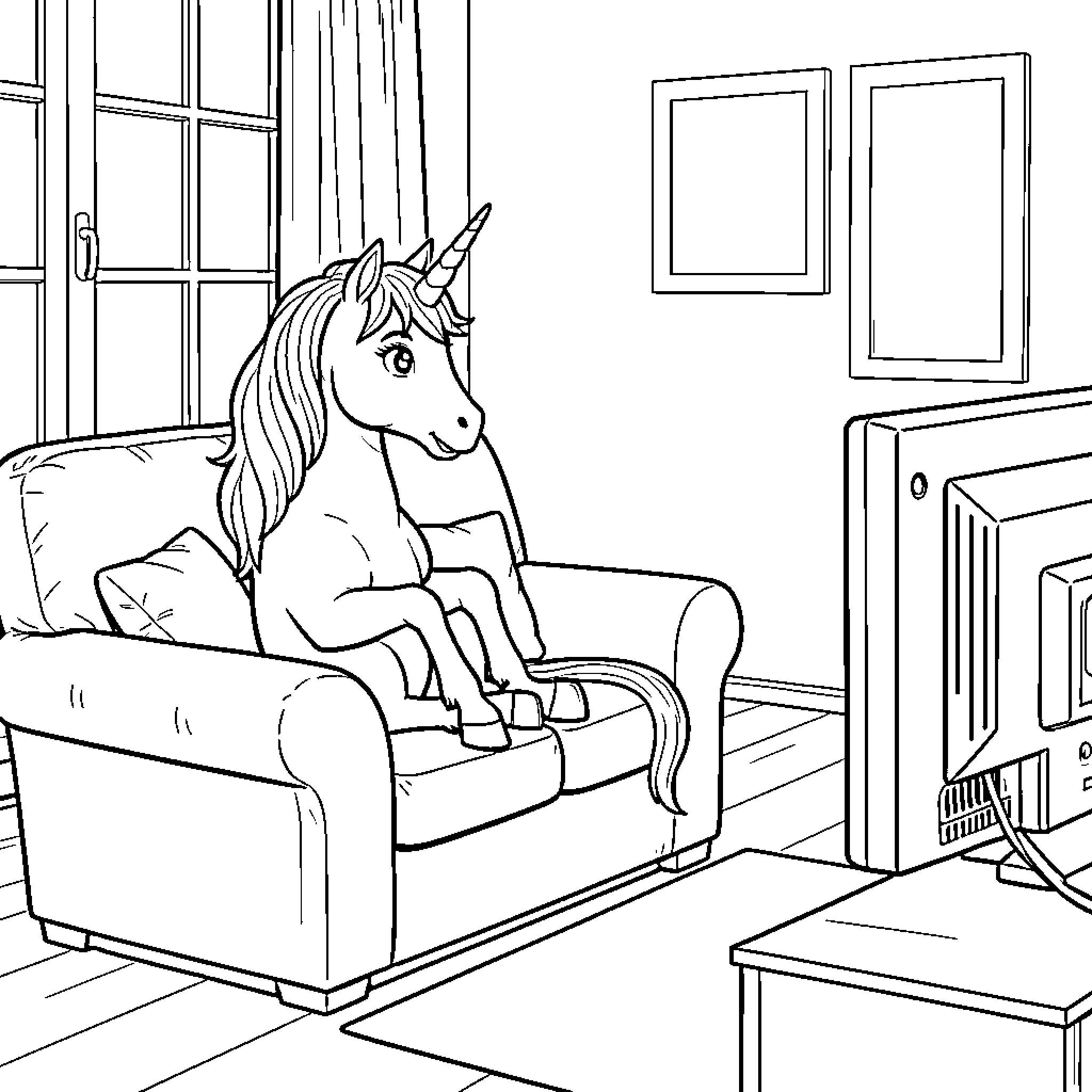 Unicorn sitting relaxed in an armchair watching television Coloring Page (free black-and-white line drawing printable PDF for all, from beginners to advanced learners, including children, teens, adults, and seniors)