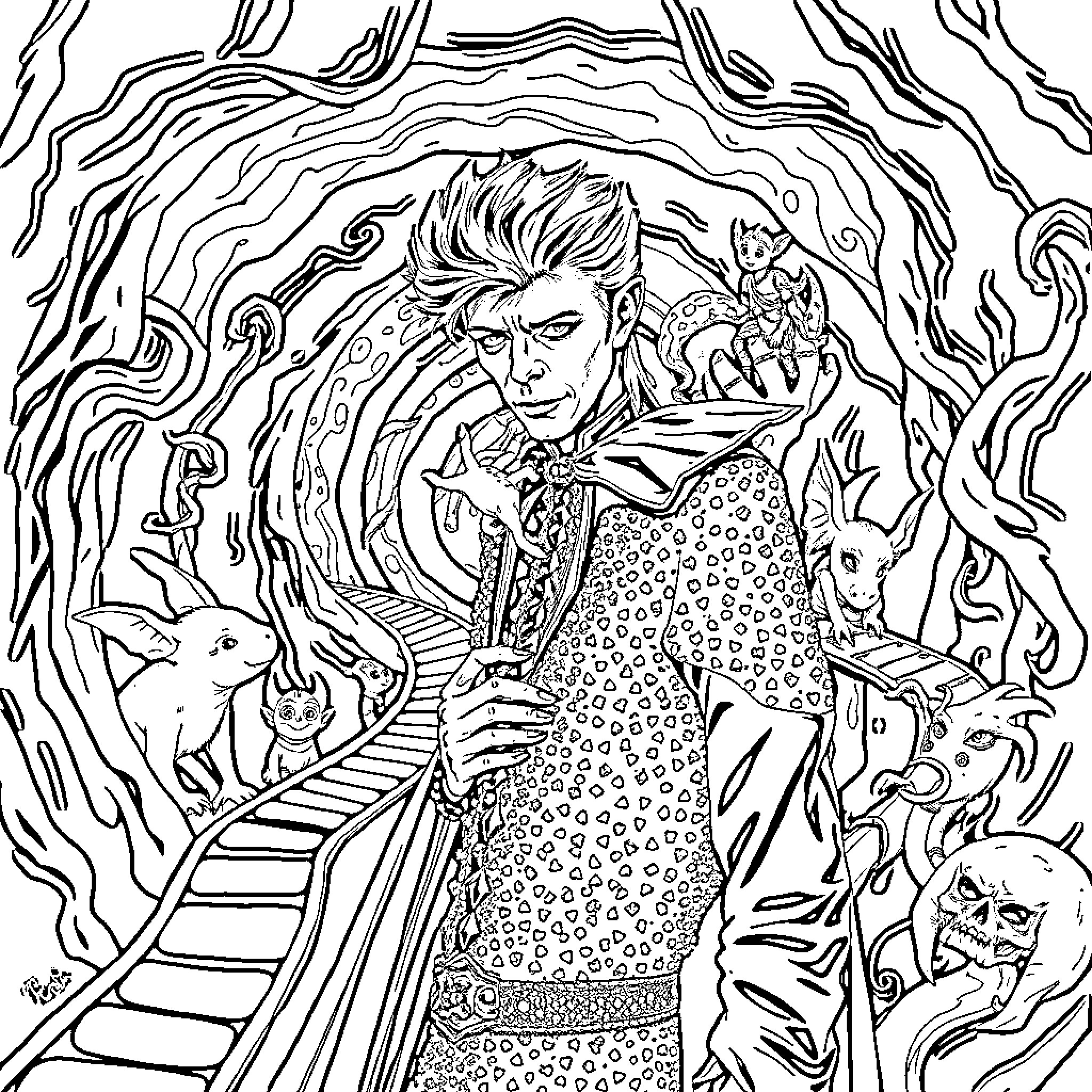 David Bowie's Surreal Encounter with Fantastical Creatures Coloring Page (free black-and-white line drawing printable PDF for all, from beginners to advanced learners, including children, teens, adults, and seniors)