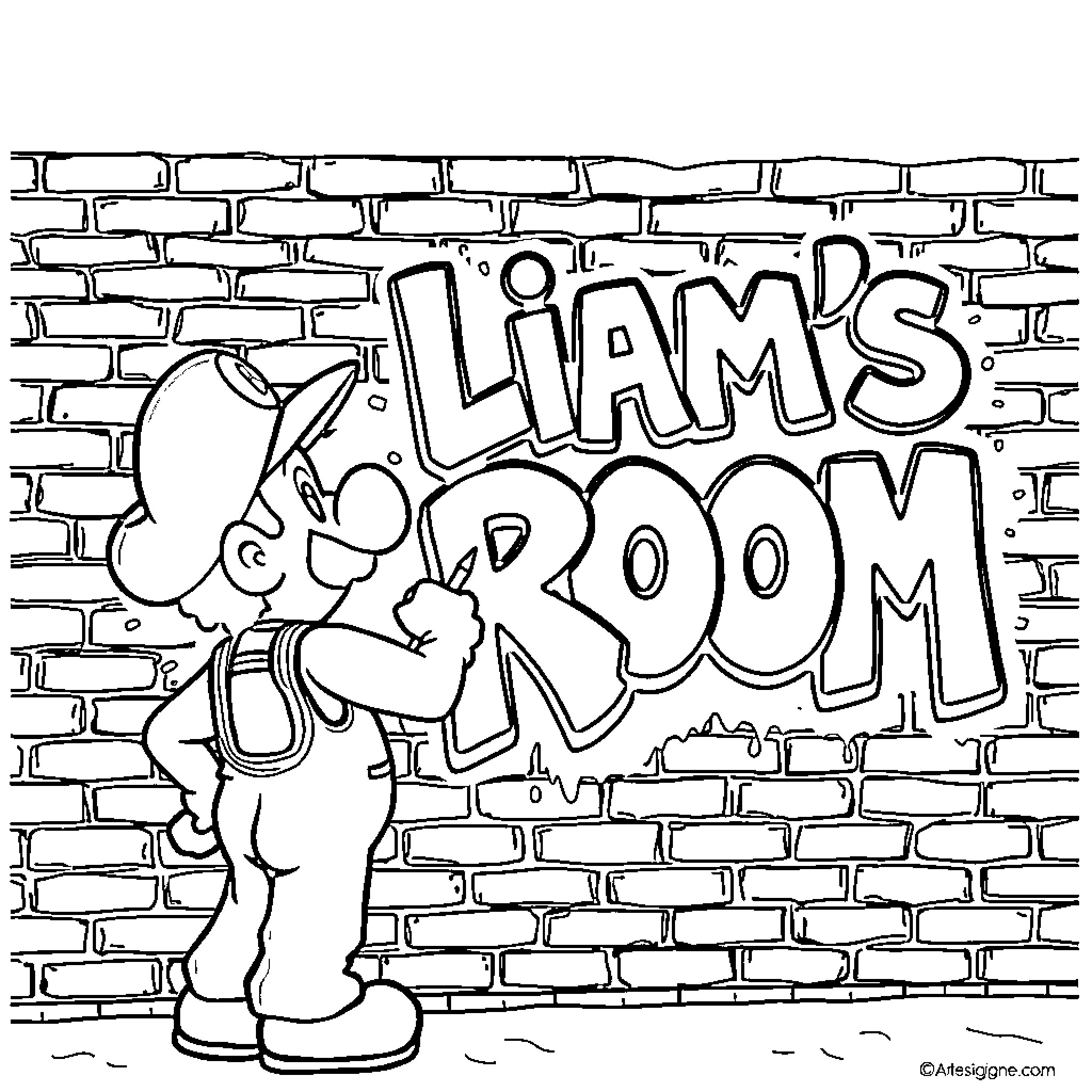 Luigi's Playful Adventure on the Brick Wall Coloring Page (free black-and-white line drawing printable PDF for all, from beginners to advanced learners, including children, teens, adults, and seniors)