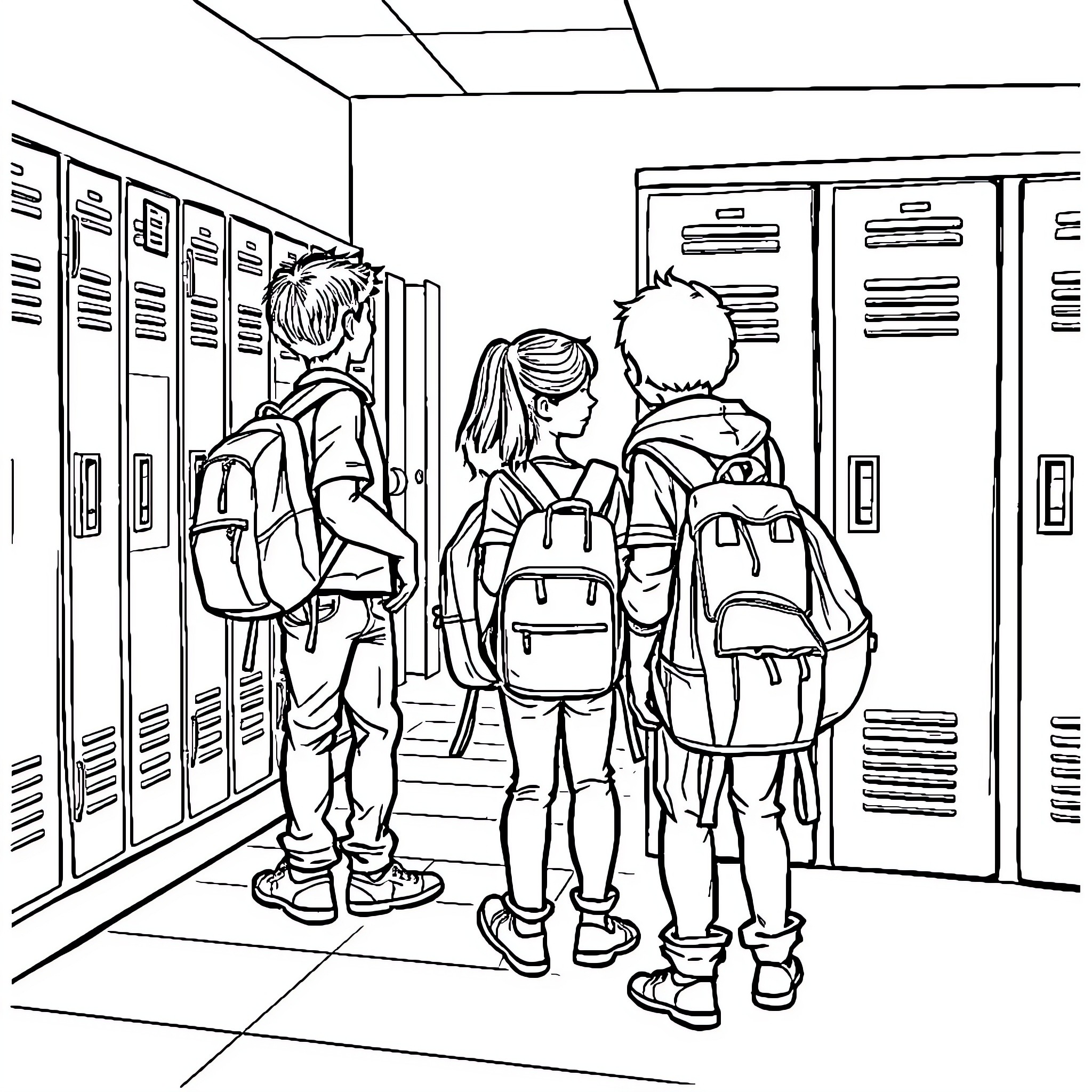 School hallway with students and lockers Coloring Page (free black-and-white line drawing printable PDF for all, from beginners to advanced learners, including children, teens, adults, and seniors)