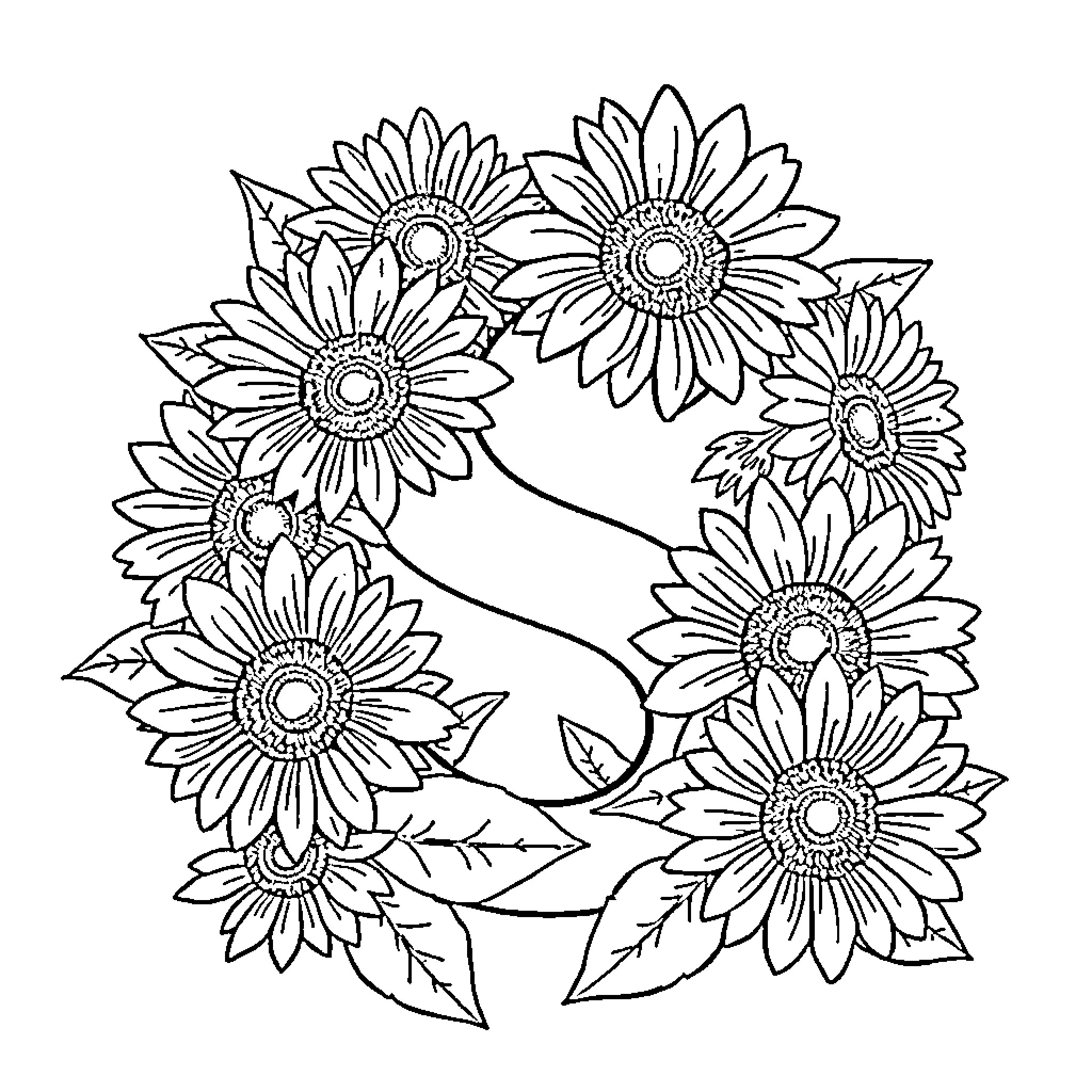 Letter S Shaped Sunflower Wreath Coloring Page (free black-and-white line drawing printable PDF for all, from beginners to advanced learners, including children, teens, adults, and seniors)