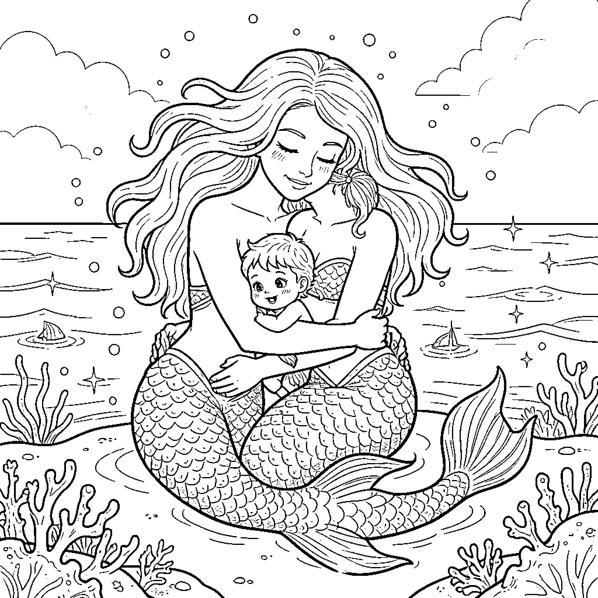 Mermaid and child playing in the underwater world Coloring Page (free black-and-white line drawing printable PDF for all, from beginners to advanced learners, including children, teens, adults, and seniors)