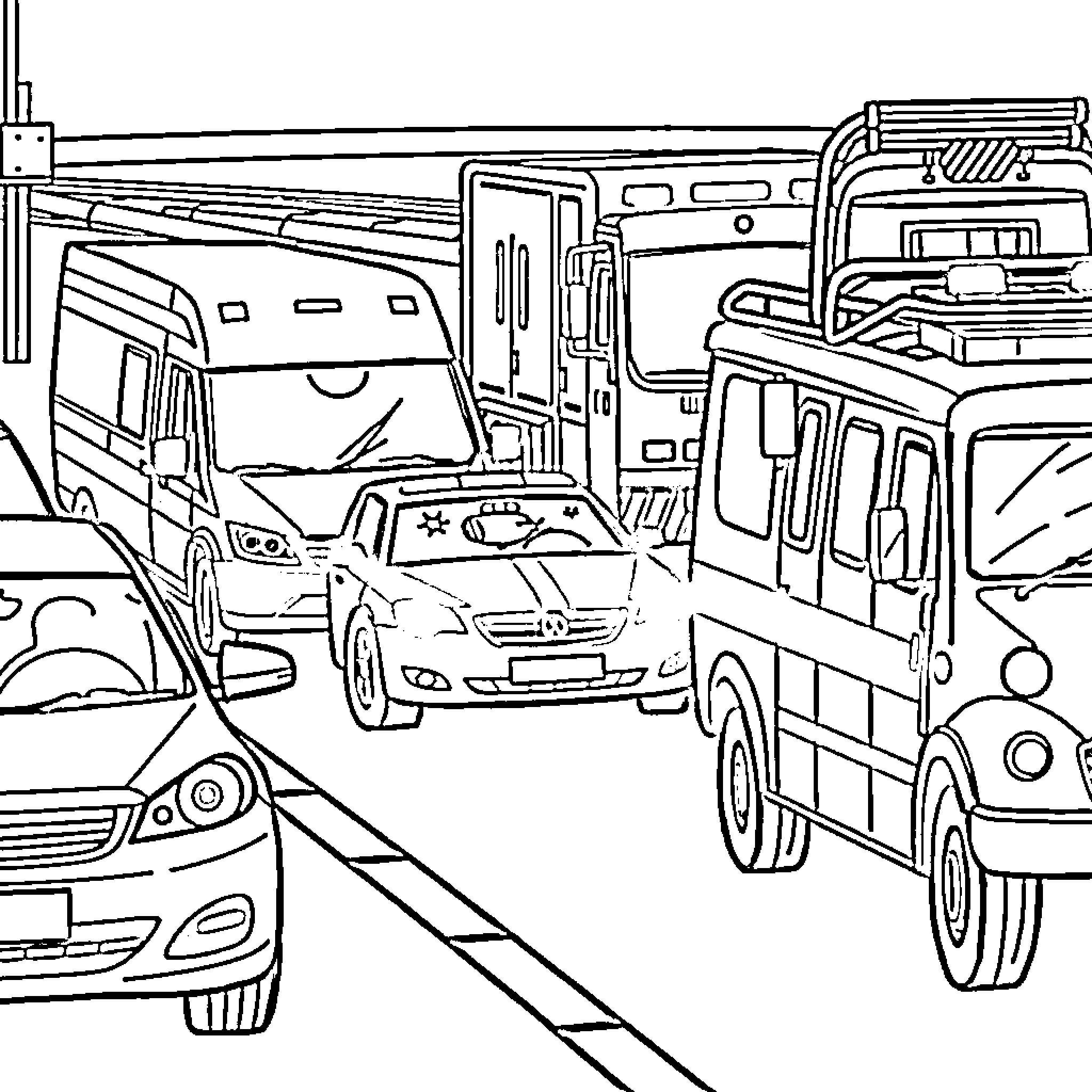 Vehicle transportation scene with various trucks and cars Coloring Page (free black-and-white line drawing printable PDF for all, from beginners to advanced learners, including children, teens, adults, and seniors)