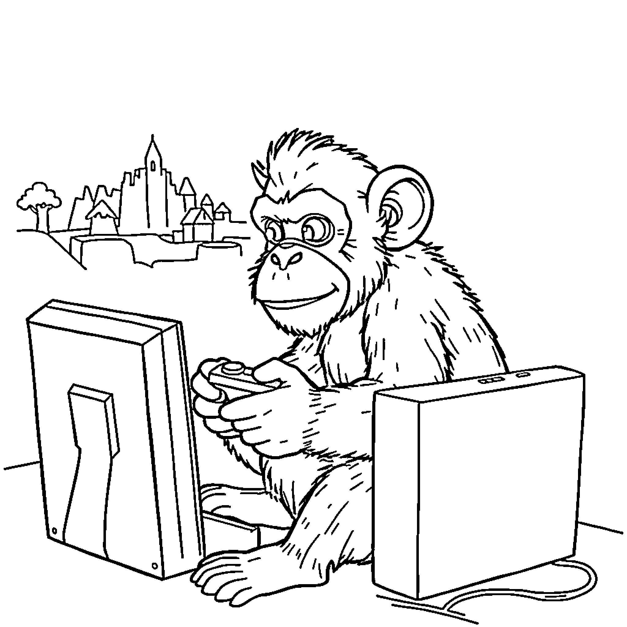 Monkey playing video games in the city Coloring Page (free black-and-white line drawing printable PDF for all, from beginners to advanced learners, including children, teens, adults, and seniors)