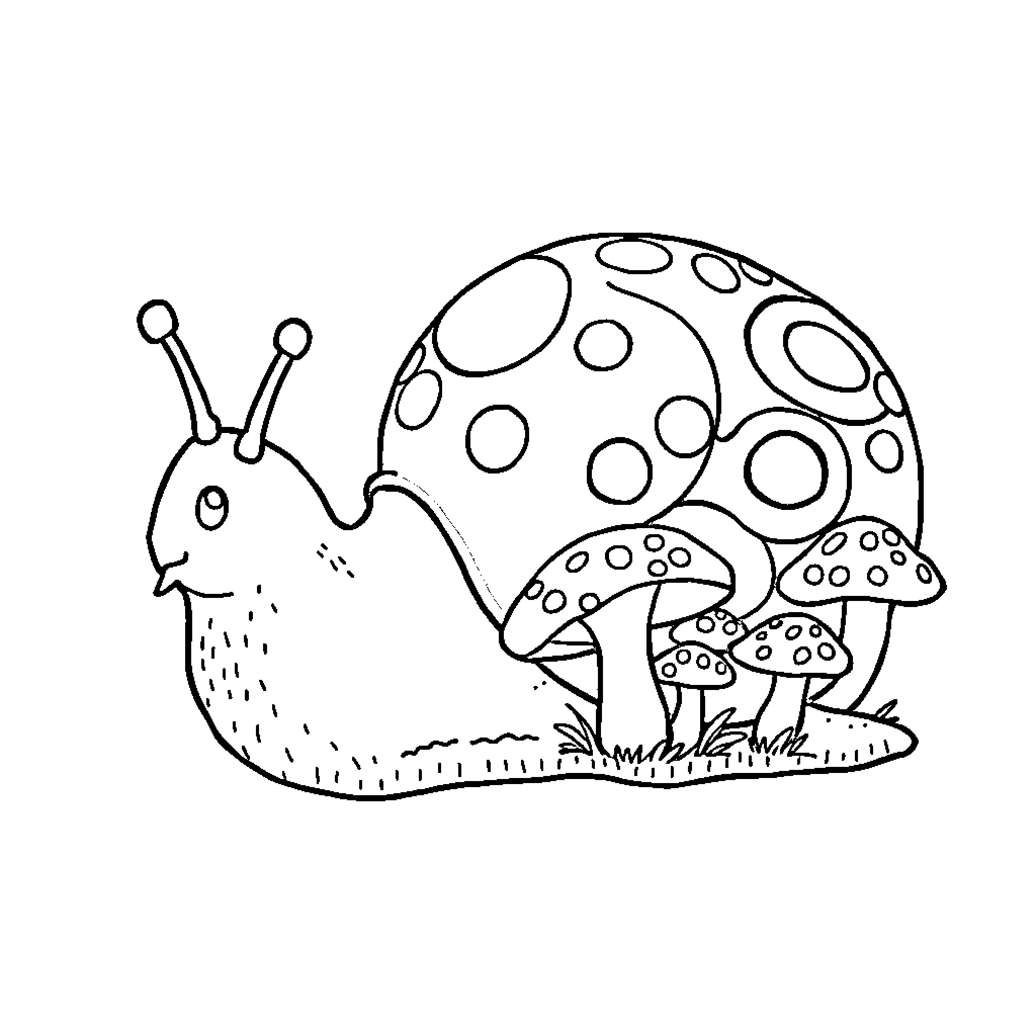 Snail exploring the magical mushrooms Coloring Page (free black-and-white line drawing printable PDF for all, from beginners to advanced learners, including children, teens, adults, and seniors)
