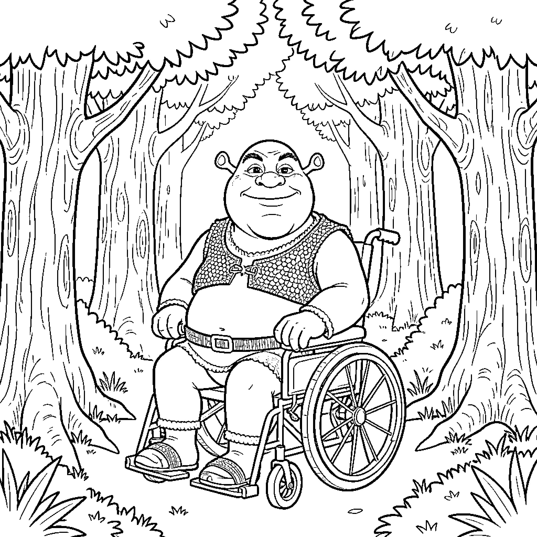 Shrek sitting calmly in a wheelchair in the woods Coloring Page (free black-and-white line drawing printable PDF for all, from beginners to advanced learners, including children, teens, adults, and seniors)