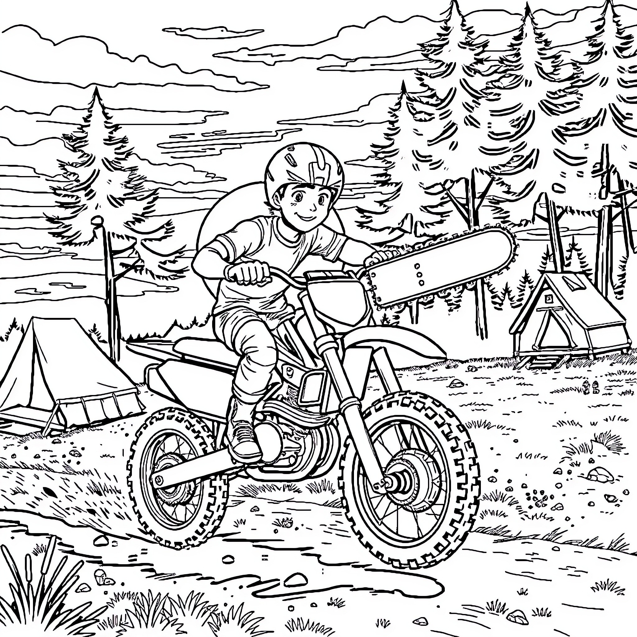 Boy riding dirt bike through scenic forest campsite Coloring Page (free black-and-white line drawing printable PDF for all, from beginners to advanced learners, including children, teens, adults, and seniors)