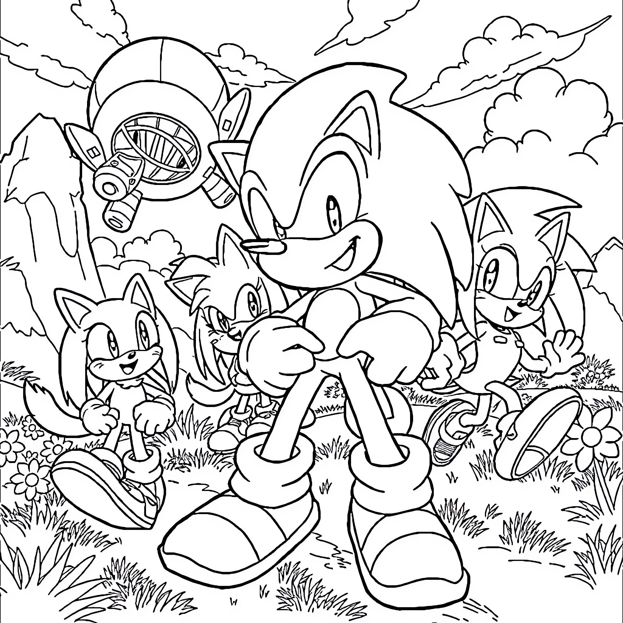 Sonic characters in action-packed outdoor scene Coloring Page (free black-and-white line drawing printable PDF for all, from beginners to advanced learners, including children, teens, adults, and seniors)