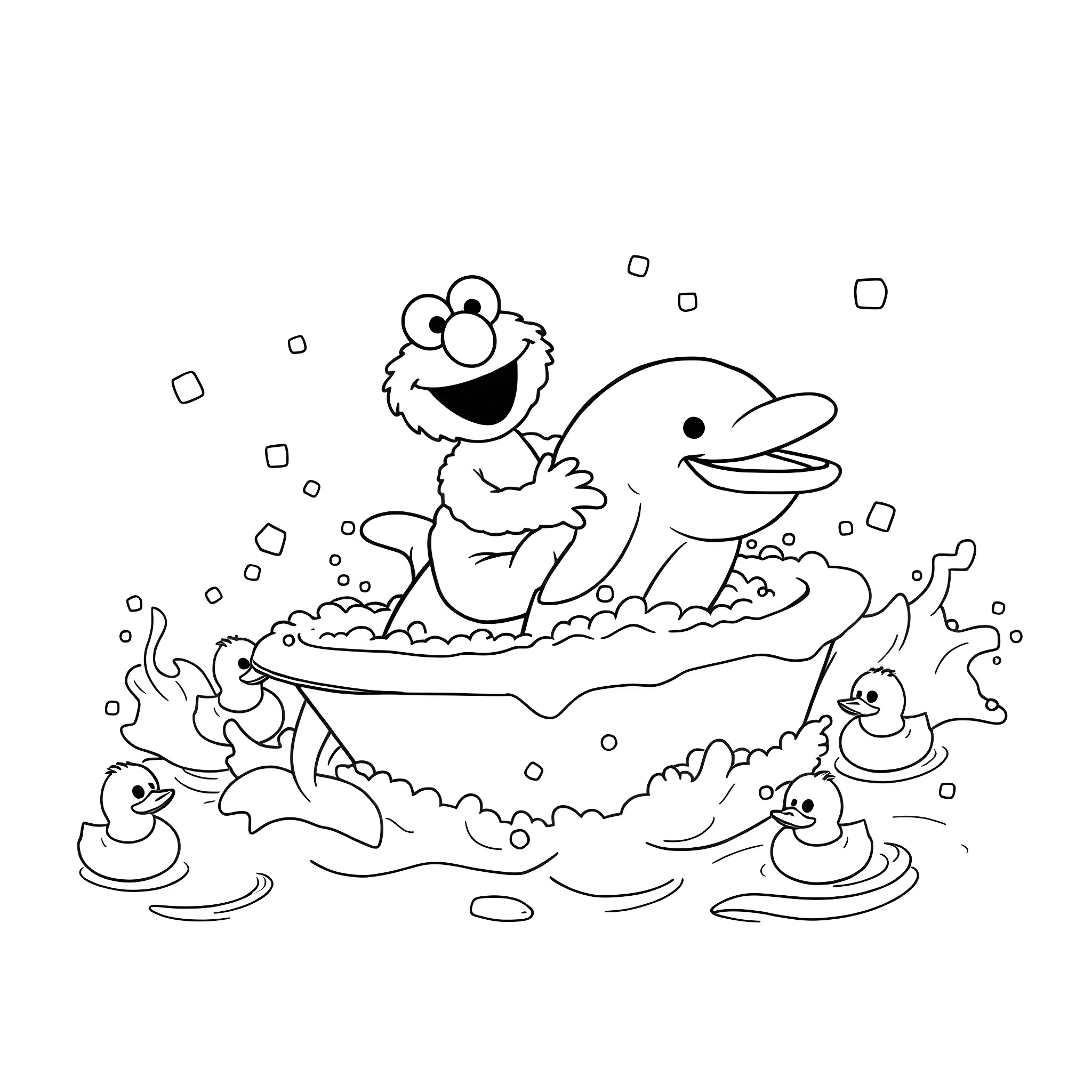 Elmo playing happily with dolphins in the water Coloring Page (free black-and-white line drawing printable PDF for all, from beginners to advanced learners, including children, teens, adults, and seniors)