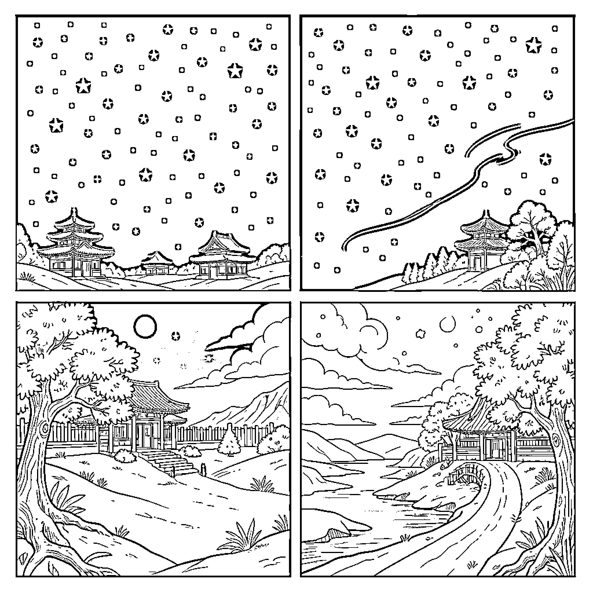 Night sky filled with stars over traditional pagodas Coloring Page (free black-and-white line drawing printable PDF for all, from beginners to advanced learners, including children, teens, adults, and seniors)