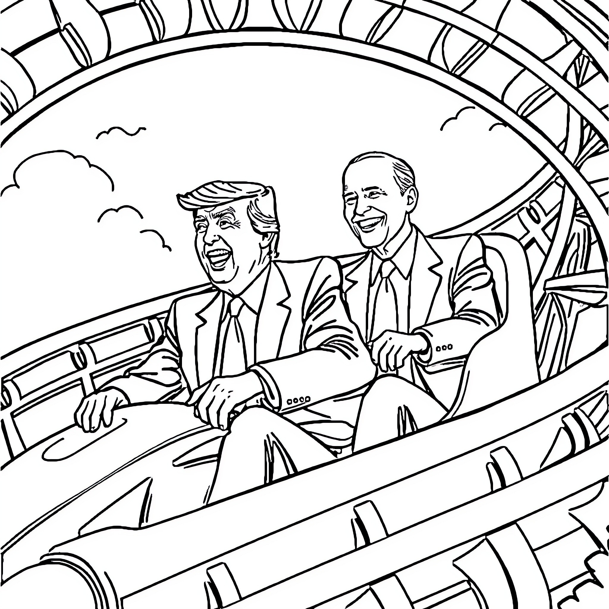 Trump and Biden riding a roller coaster together Coloring Page (free black-and-white line drawing printable PDF for all, from beginners to advanced learners, including children, teens, adults, and seniors)