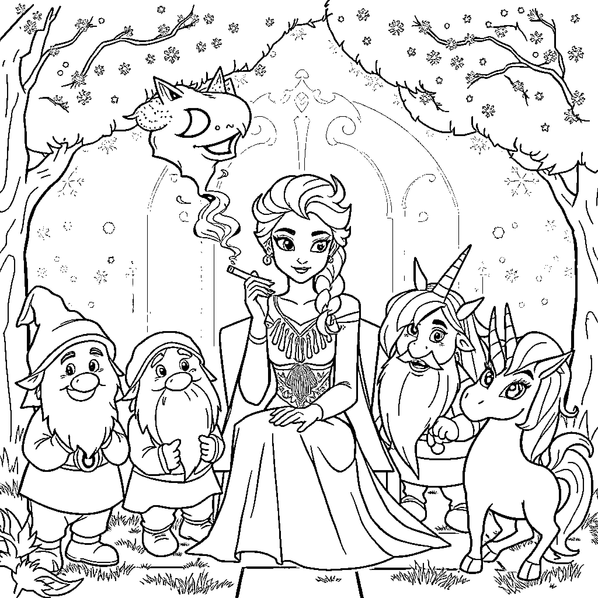 Elsa's Enchanting Winter Wonderland with Friendly Companions Coloring Page (free black-and-white line drawing printable PDF for all, from beginners to advanced learners, including children, teens, adults, and seniors)