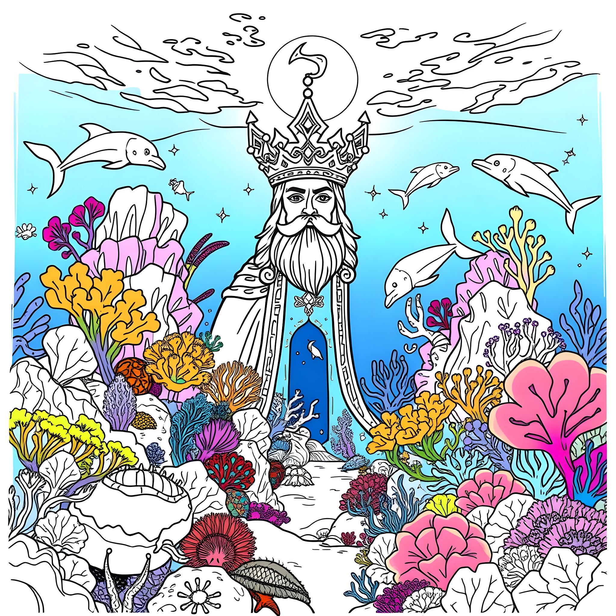 King of the Underwater Kingdom Coloring Page (free black-and-white line drawing printable PDF for all, from beginners to advanced learners, including children, teens, adults, and seniors)