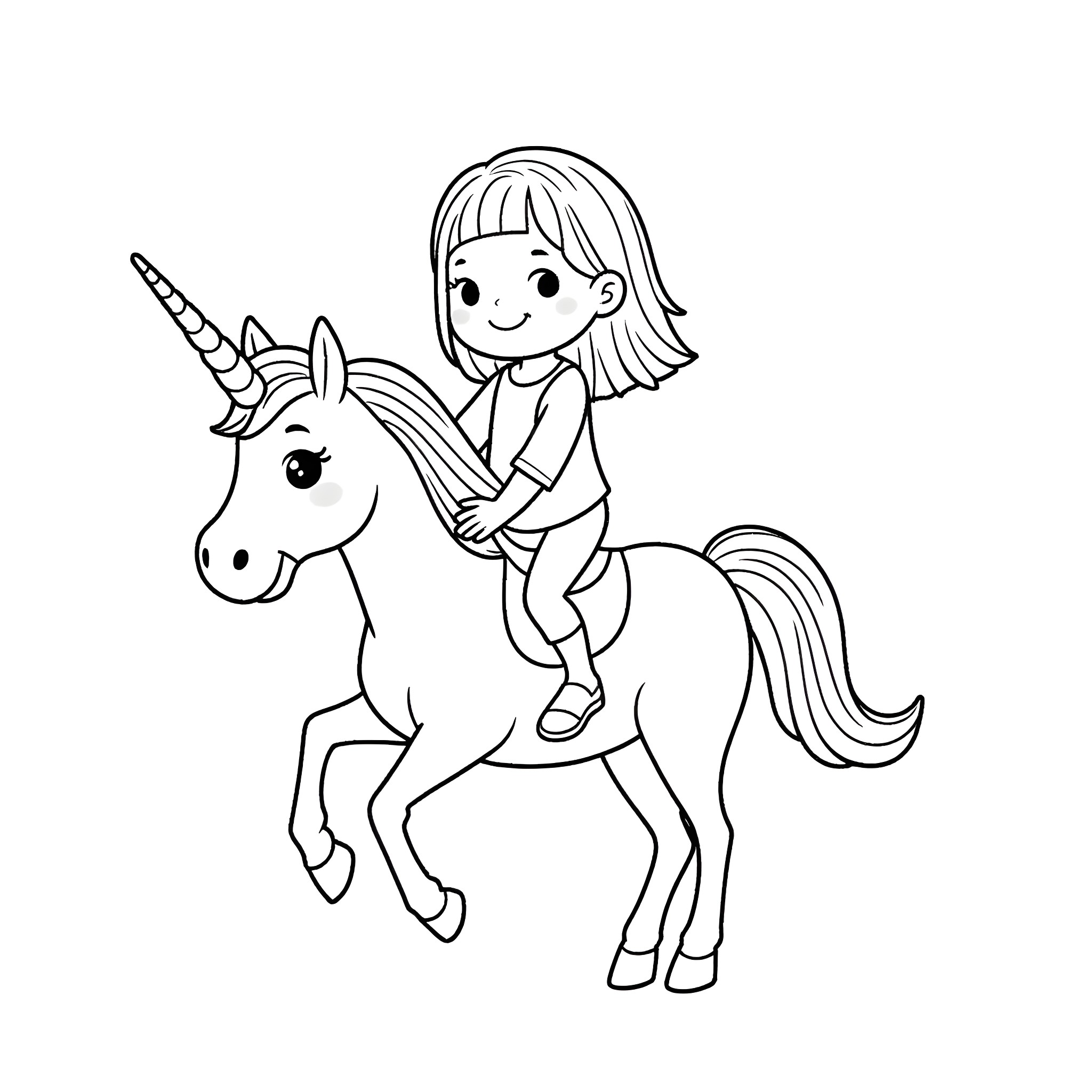 Unicorn and girl riding together in whimsical adventure Coloring Page (free black-and-white line drawing printable PDF for all, from beginners to advanced learners, including children, teens, adults, and seniors)