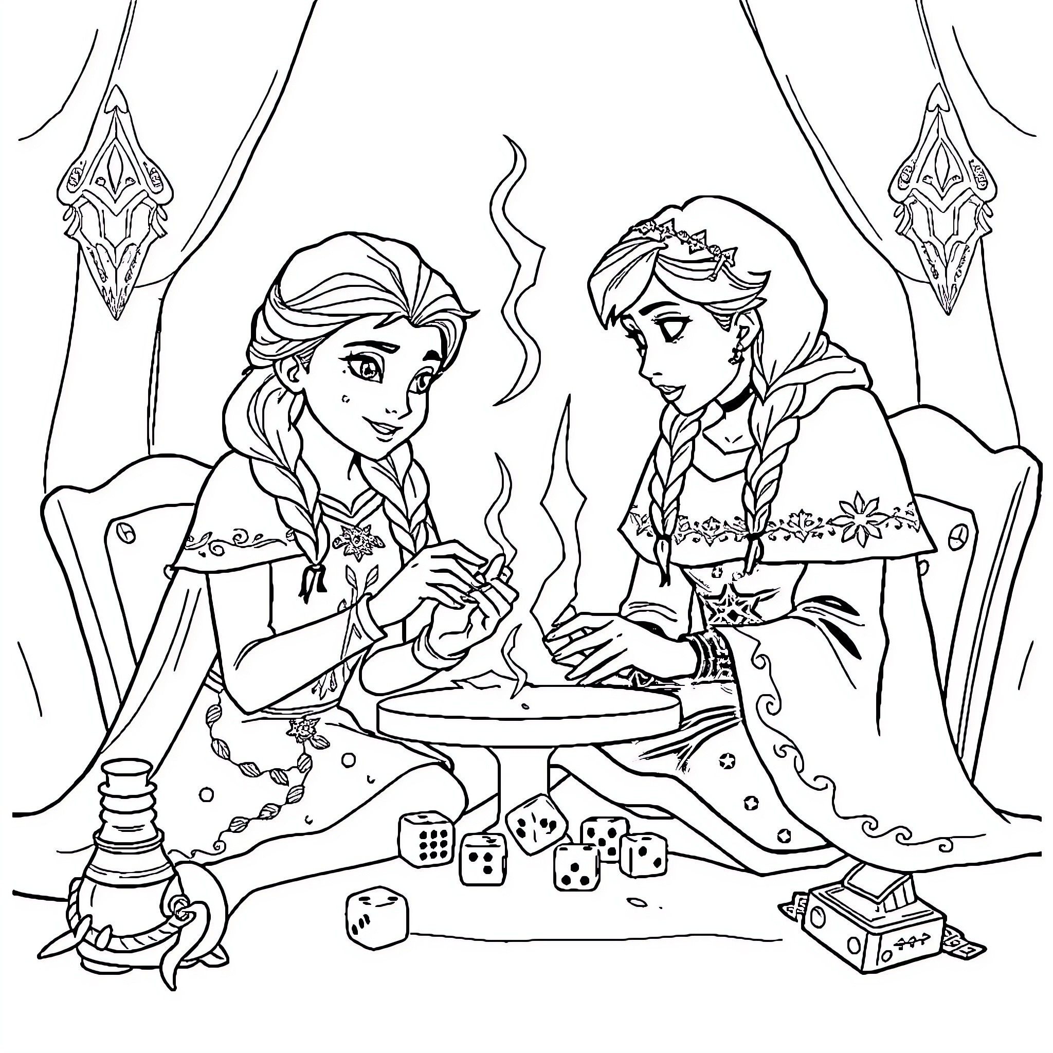 Elsa and Anna playing board games together Coloring Page (free black-and-white line drawing printable PDF for all, from beginners to advanced learners, including children, teens, adults, and seniors)