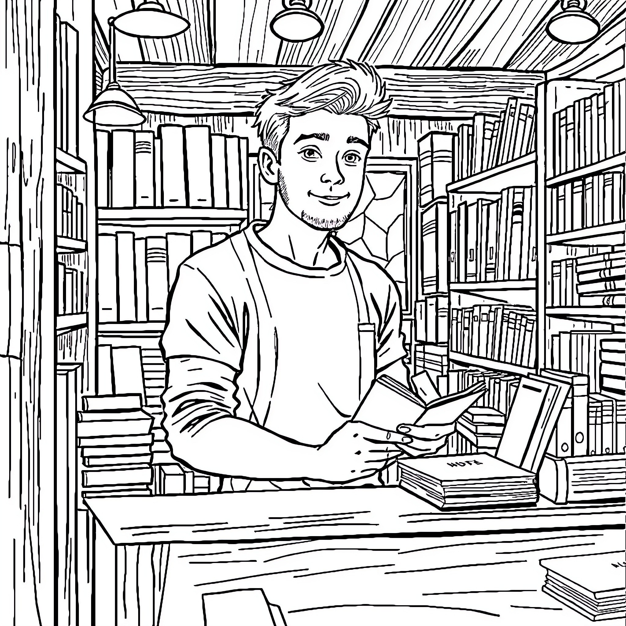 Bookseller assisting customers in the shop Coloring Page (free black-and-white line drawing printable PDF for all, from beginners to advanced learners, including children, teens, adults, and seniors)