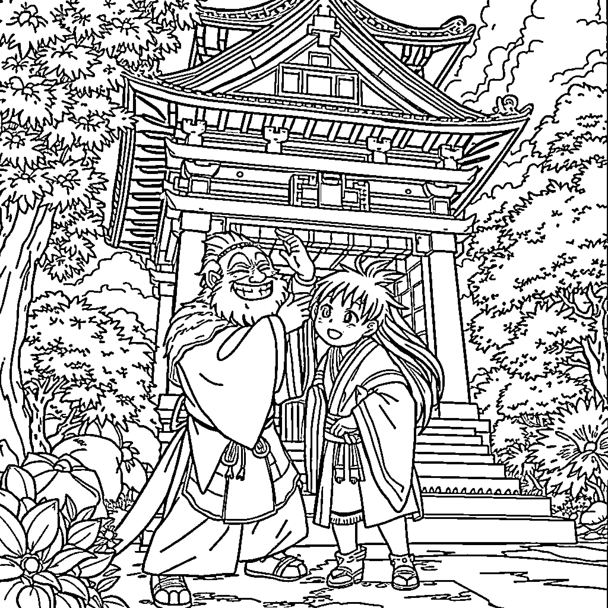 Kamado Tanjiro and Nezuko in front of a Japanese temple Coloring Page (free black-and-white line drawing printable PDF for all, from beginners to advanced learners, including children, teens, adults, and seniors)