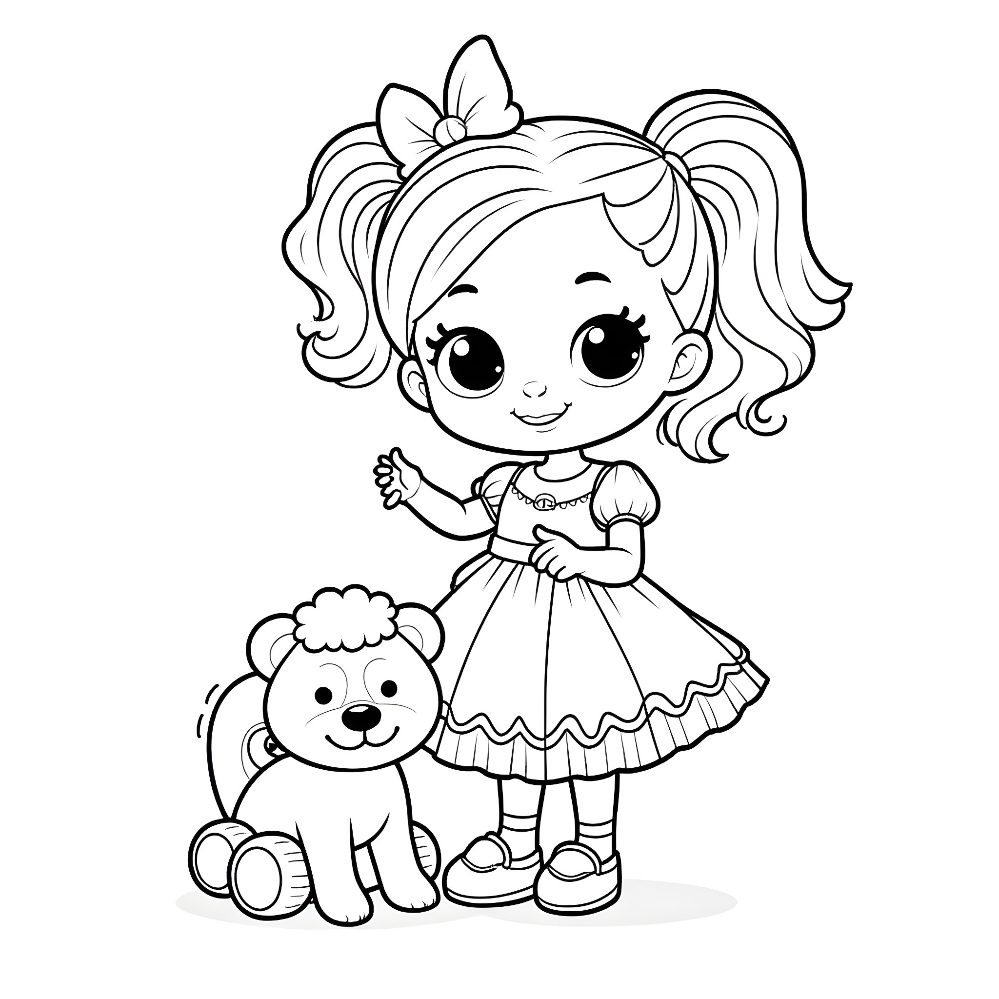 Barbie doll playing with toy poodle Coloring Page (free black-and-white line drawing printable PDF for all, from beginners to advanced learners, including children, teens, adults, and seniors)