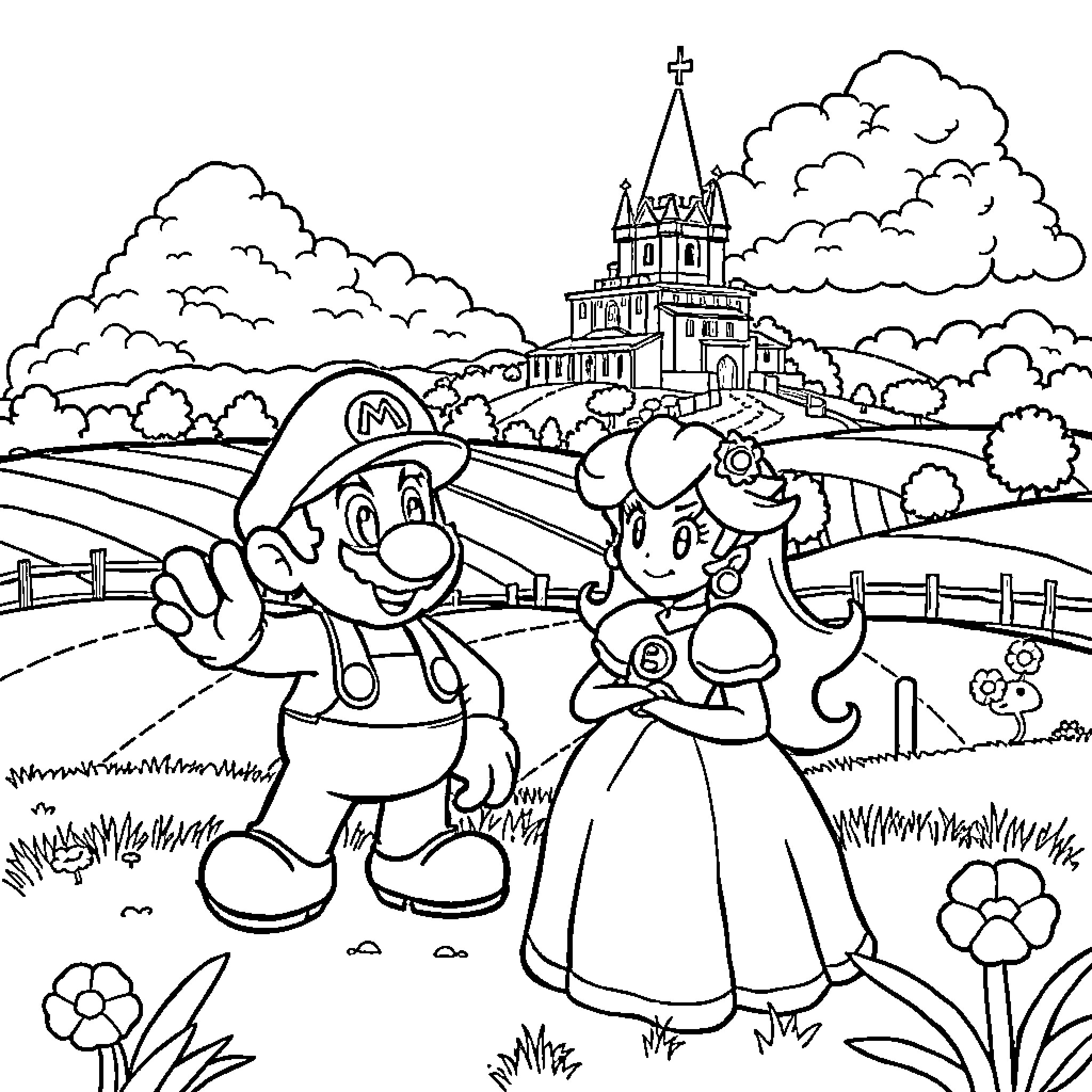 Mario and Princess Exploring the Enchanting Castle Grounds Coloring Page (free black-and-white line drawing printable PDF for all, from beginners to advanced learners, including children, teens, adults, and seniors)