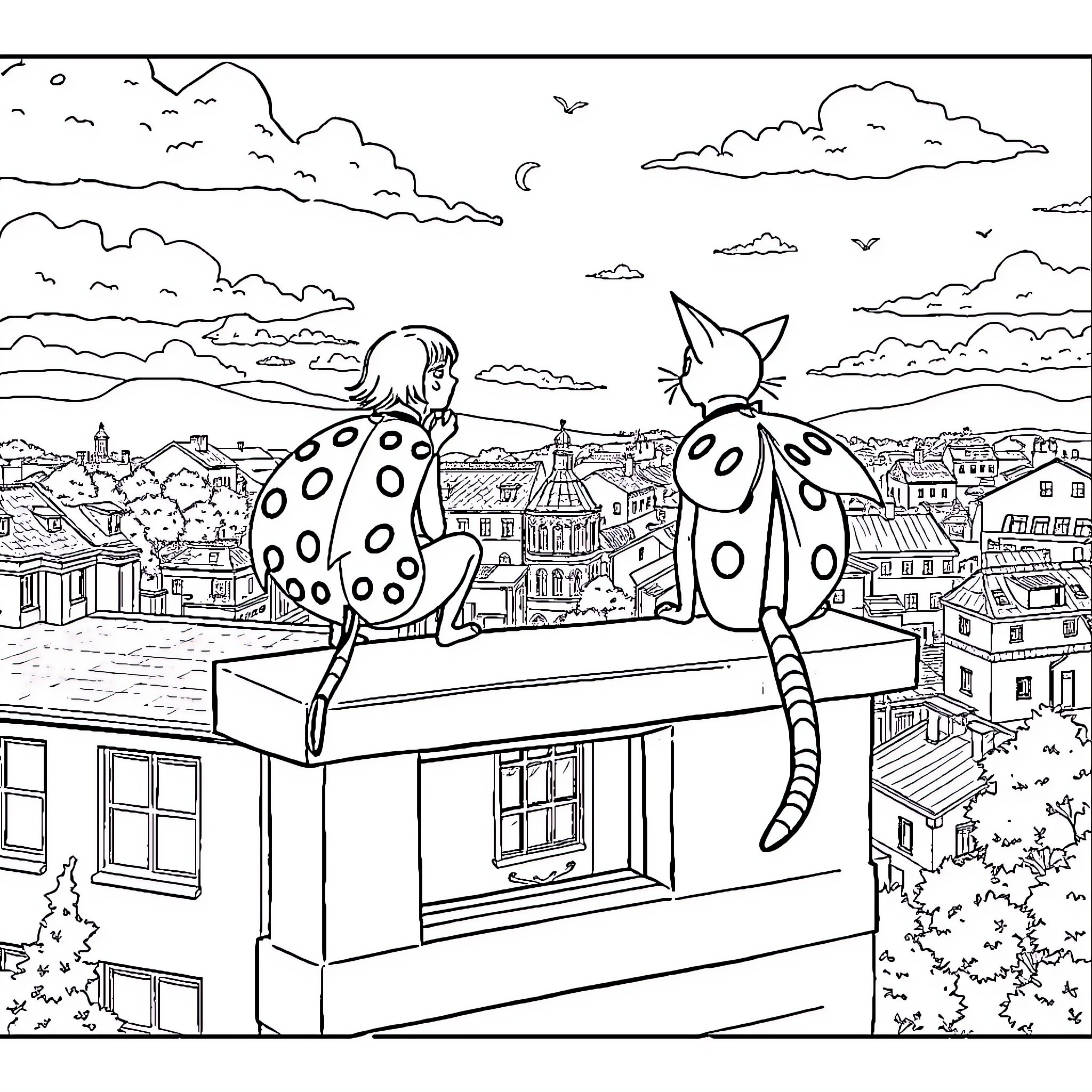 Ladybug duo exploring the city skyline Coloring Page (free black-and-white line drawing printable PDF for all, from beginners to advanced learners, including children, teens, adults, and seniors)