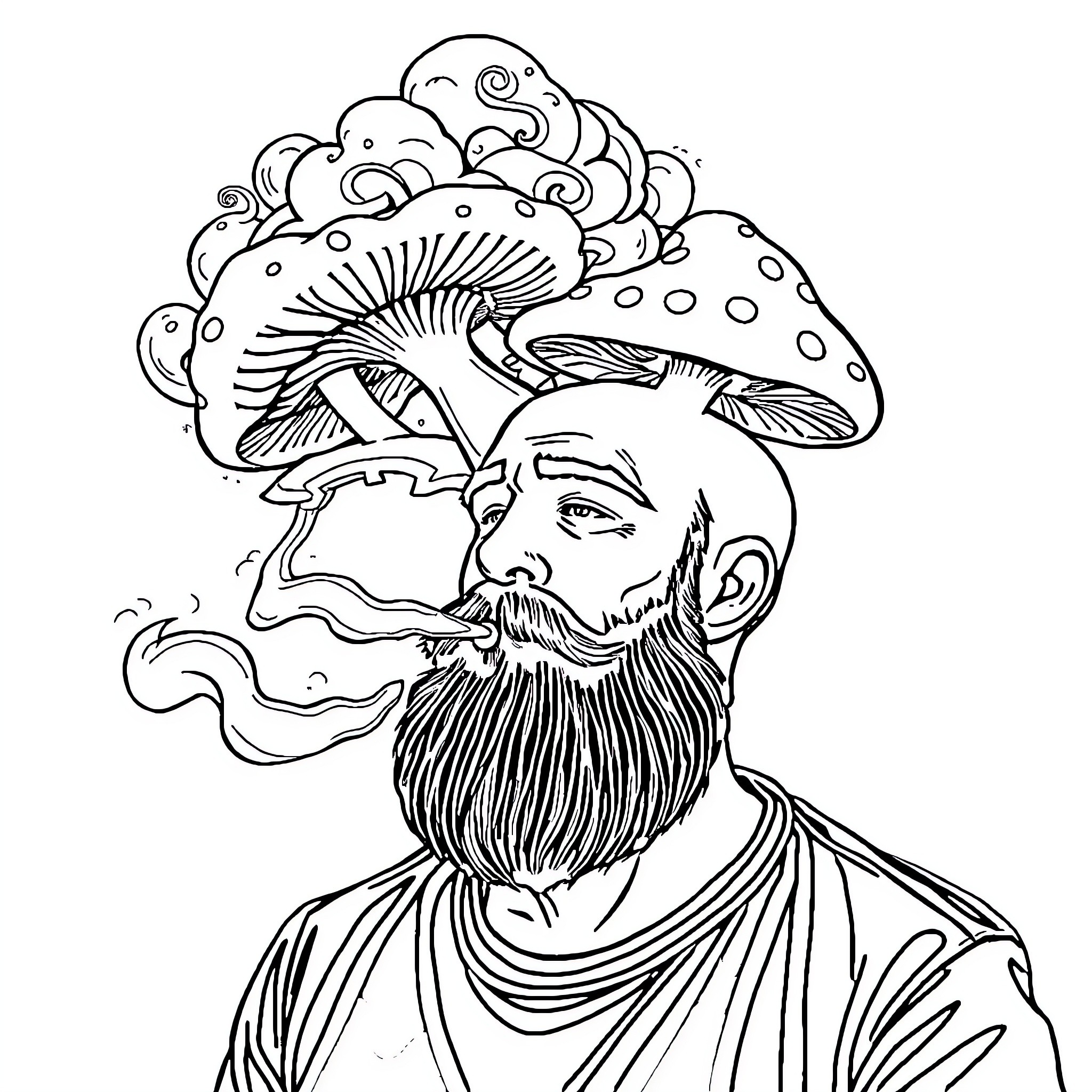 Bearded Man with Surreal Mushroom Crown Coloring Page (free black-and-white line drawing printable PDF for all, from beginners to advanced learners, including children, teens, adults, and seniors)