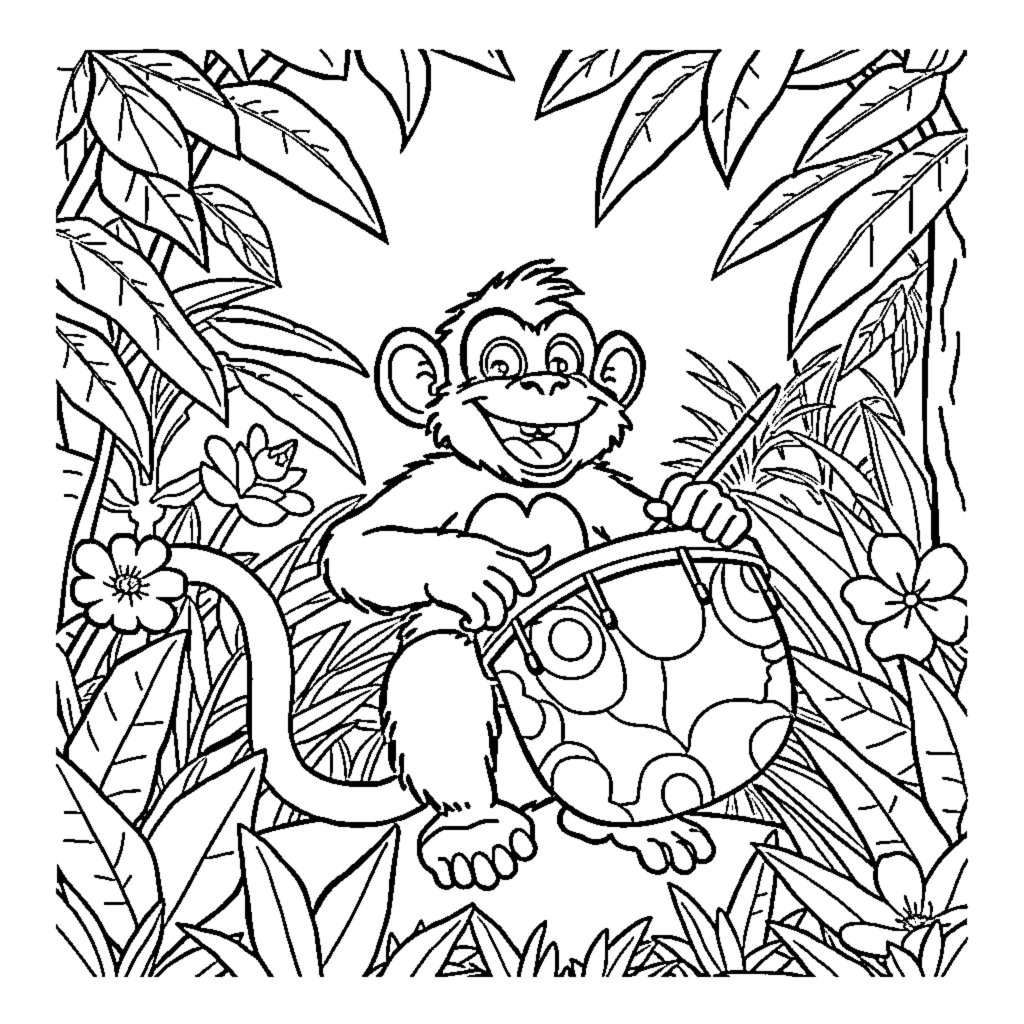 Monkey playing happily in the jungle Coloring Page (free black-and-white line drawing printable PDF for all, from beginners to advanced learners, including children, teens, adults, and seniors)
