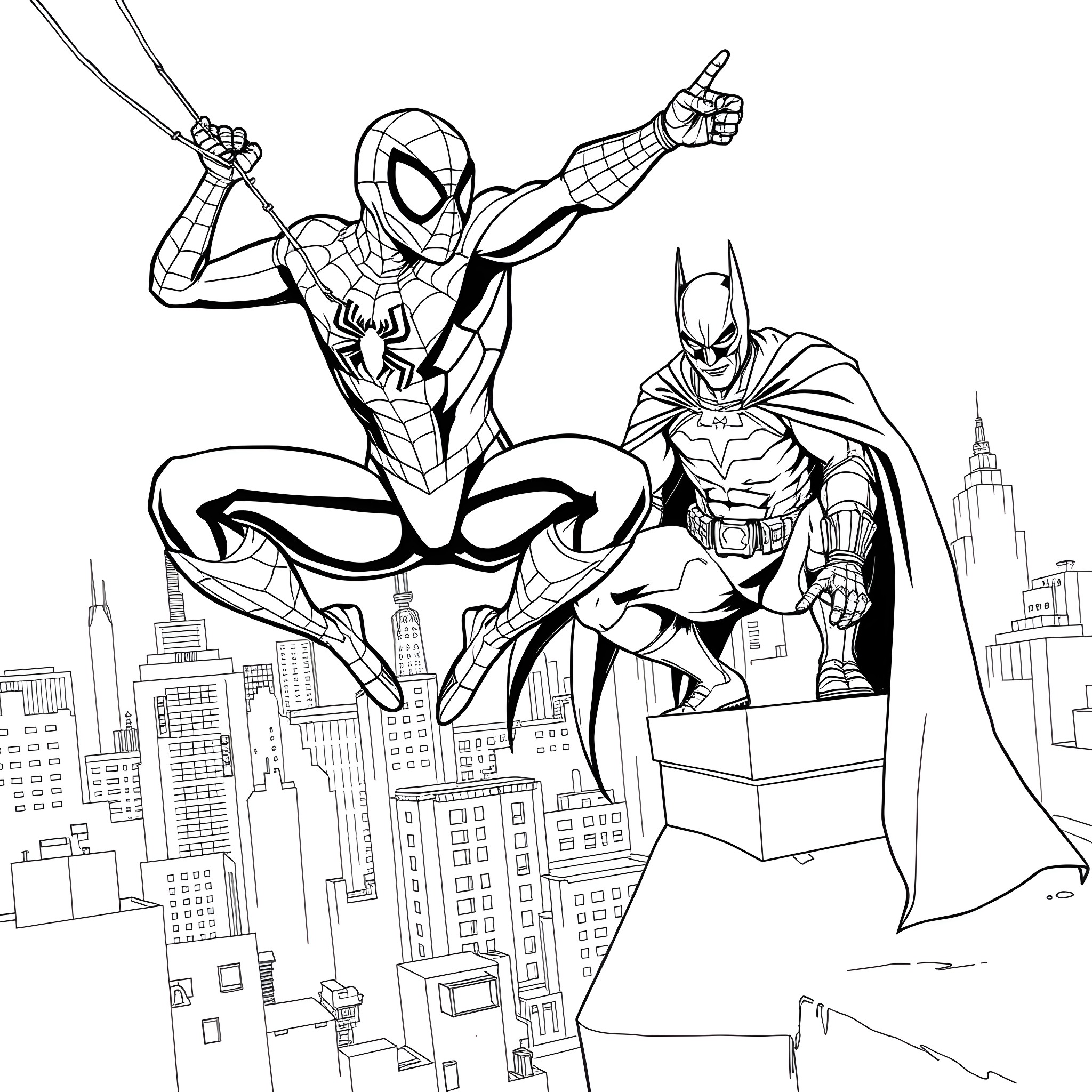 Spiderman and Batman fighting crime in the city Coloring Page (free black-and-white line drawing printable PDF for all, from beginners to advanced learners, including children, teens, adults, and seniors)