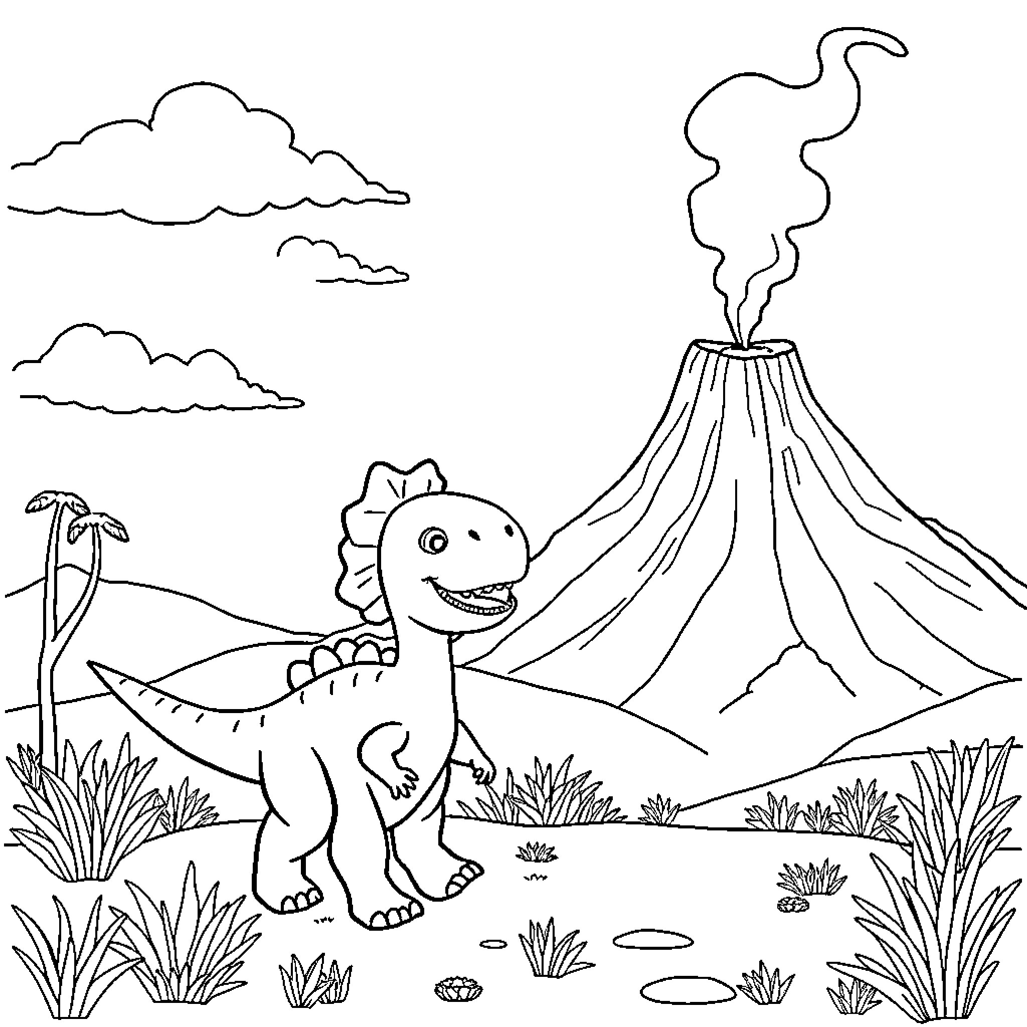 Dinosaur exploring prehistoric landscape with volcano Coloring Page (free black-and-white line drawing printable PDF for all, from beginners to advanced learners, including children, teens, adults, and seniors)