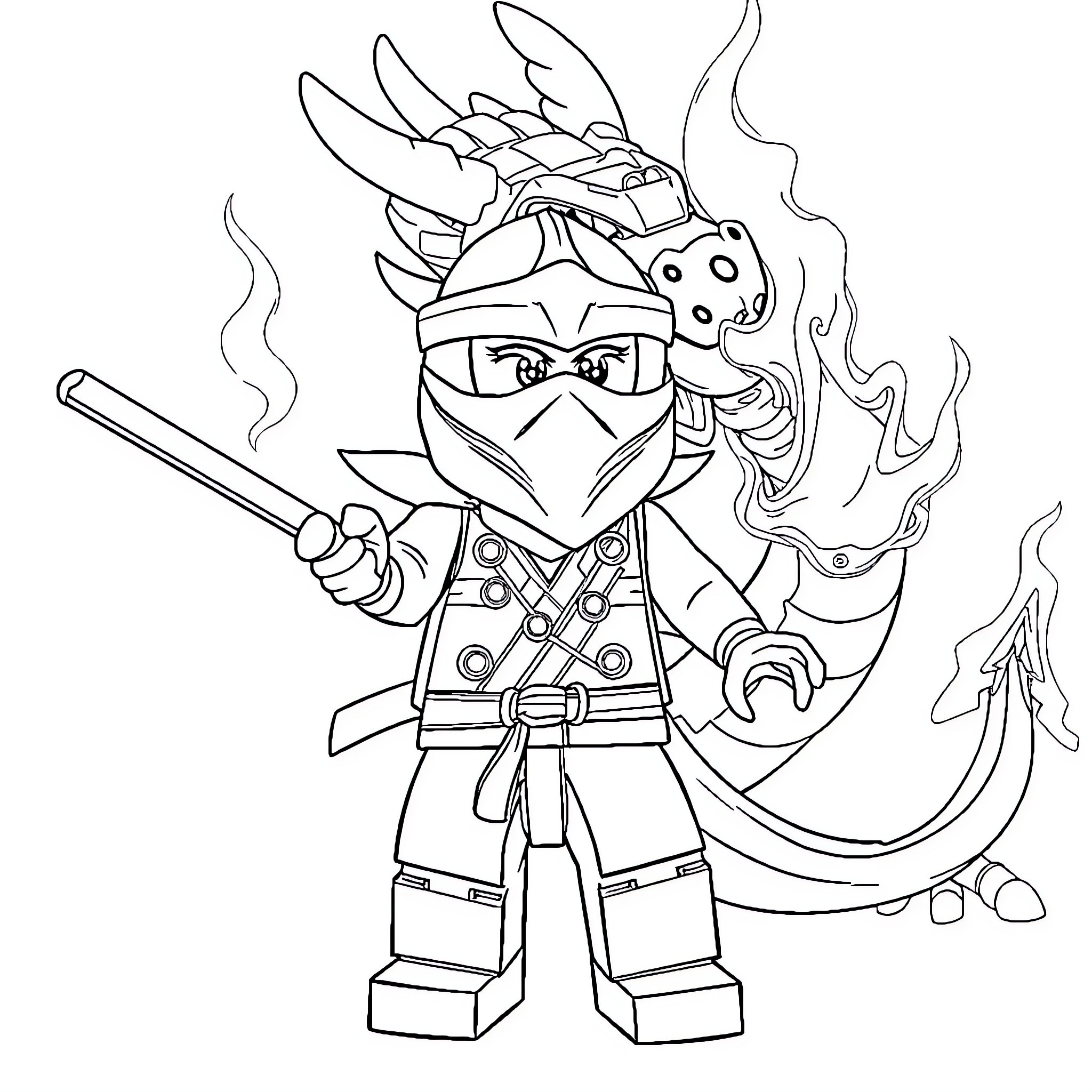 Ninja warrior with fierce expression and fiery powers Coloring Page (free black-and-white line drawing printable PDF for all, from beginners to advanced learners, including children, teens, adults, and seniors)