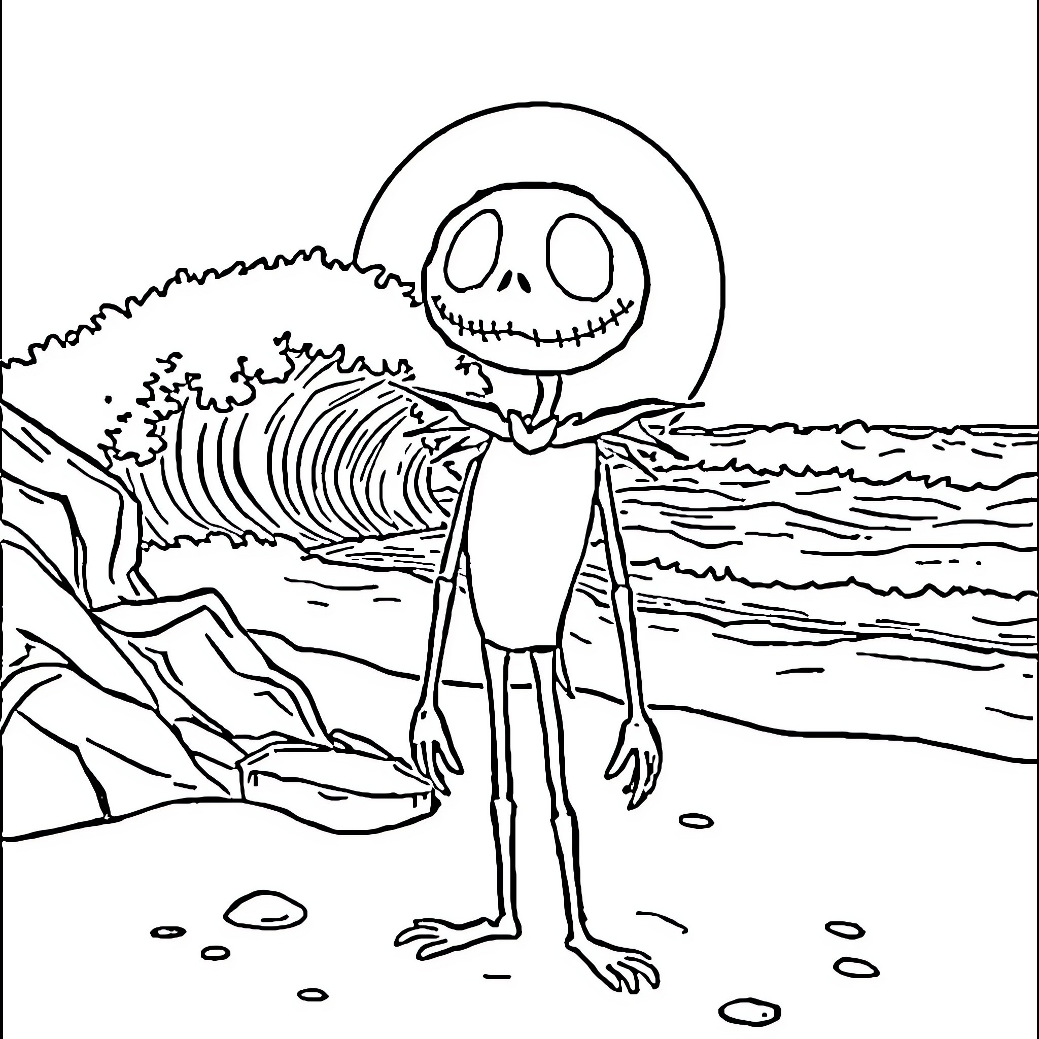 Jack Skellington standing on a spooky beach Coloring Page (free black-and-white line drawing printable PDF for all, from beginners to advanced learners, including children, teens, adults, and seniors)