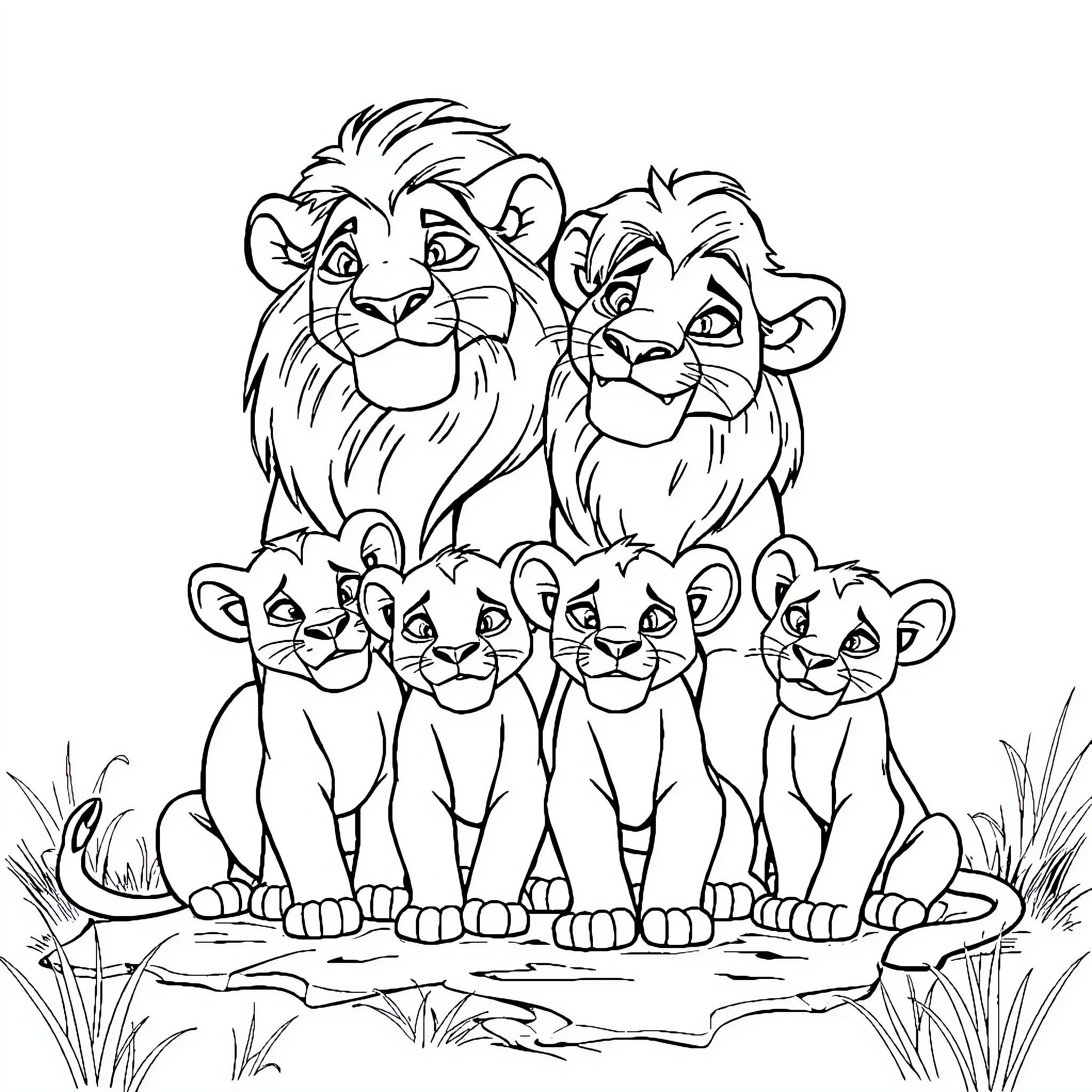 Lion Family Enjoying Nature Together Coloring Page (free black-and-white line drawing printable PDF for all, from beginners to advanced learners, including children, teens, adults, and seniors)