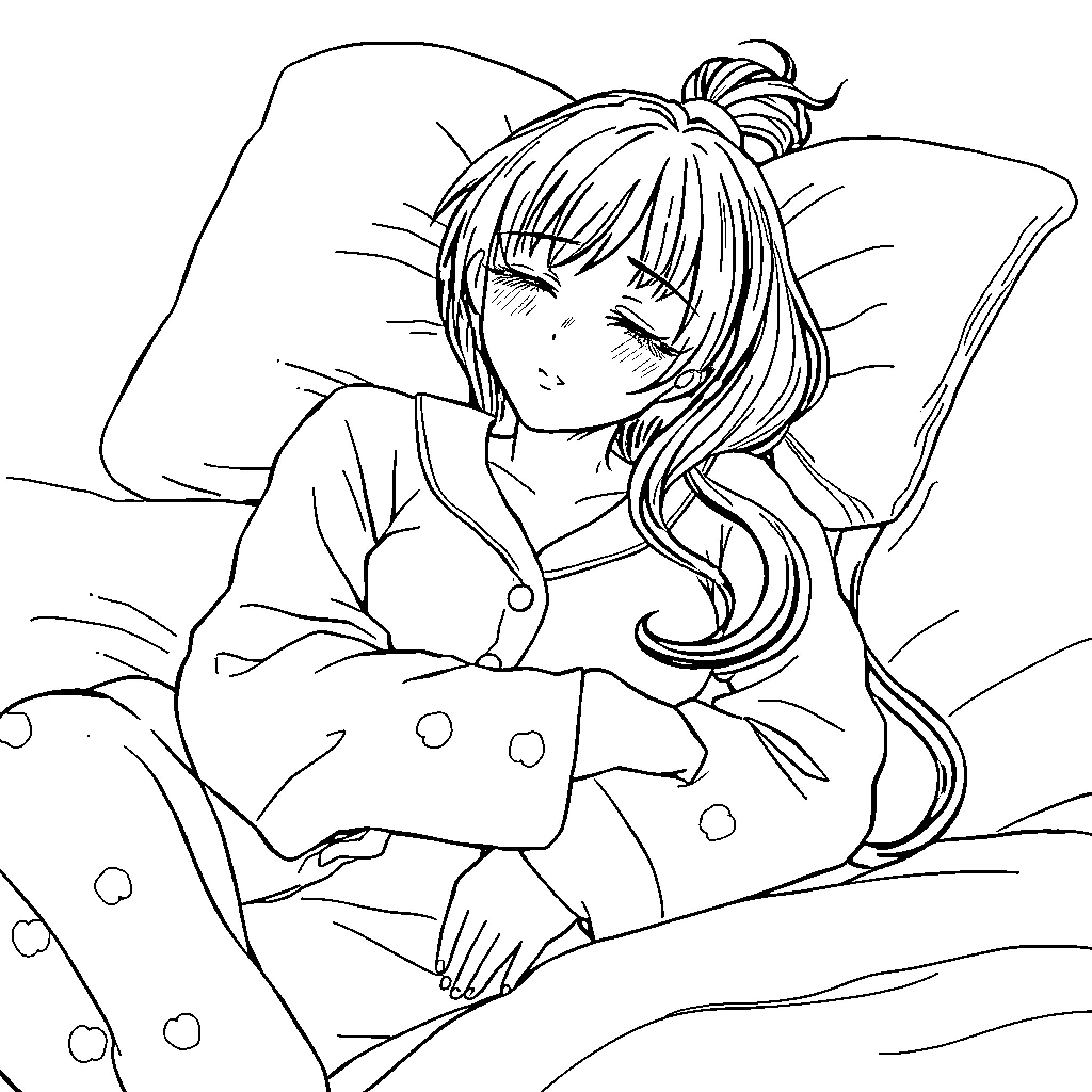Kasumi resting peacefully in bed Coloring Page (free black-and-white line drawing printable PDF for all, from beginners to advanced learners, including children, teens, adults, and seniors)