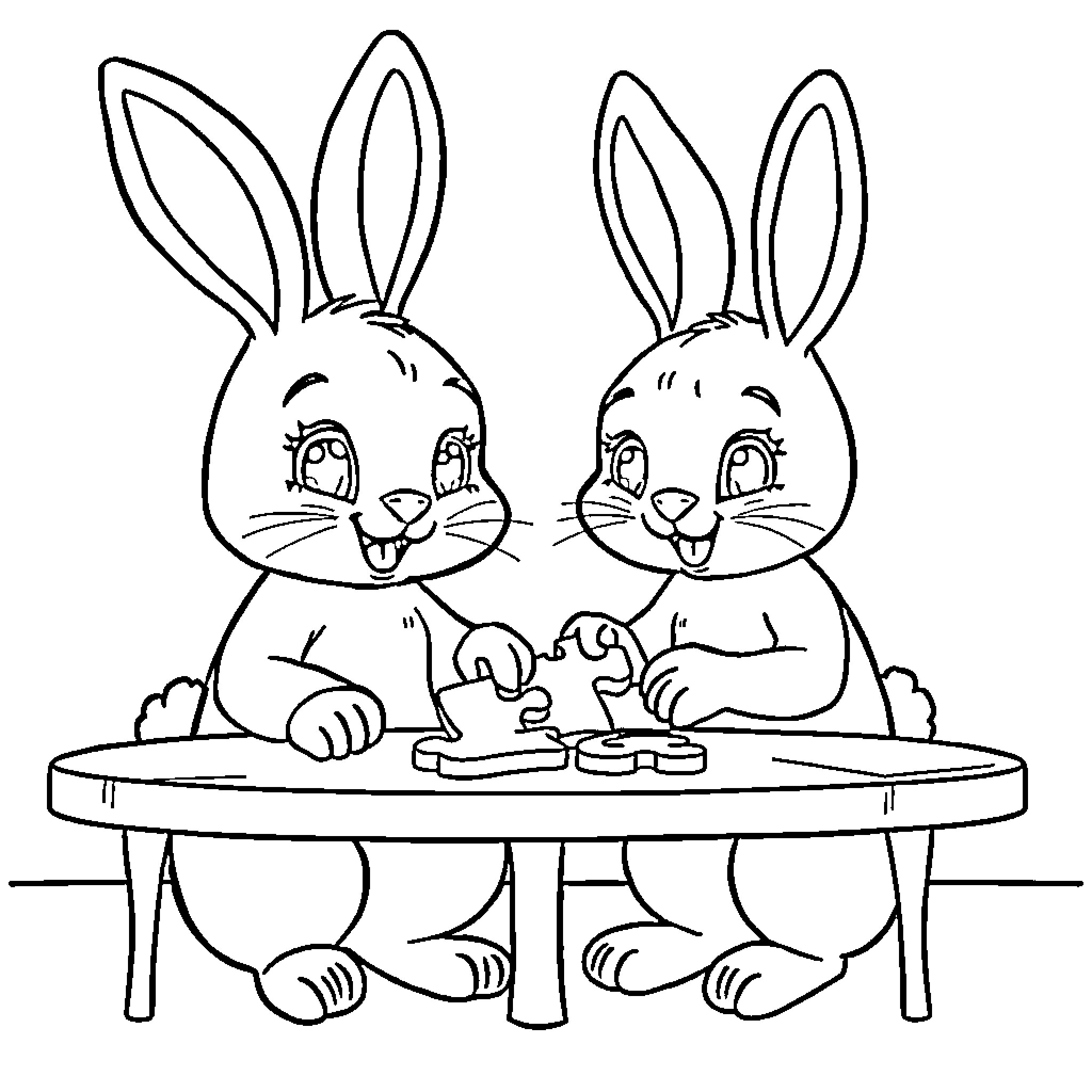 Bunny Rabbits Enjoying a Tasty Snack Coloring Page (free black-and-white line drawing printable PDF for all, from beginners to advanced learners, including children, teens, adults, and seniors)