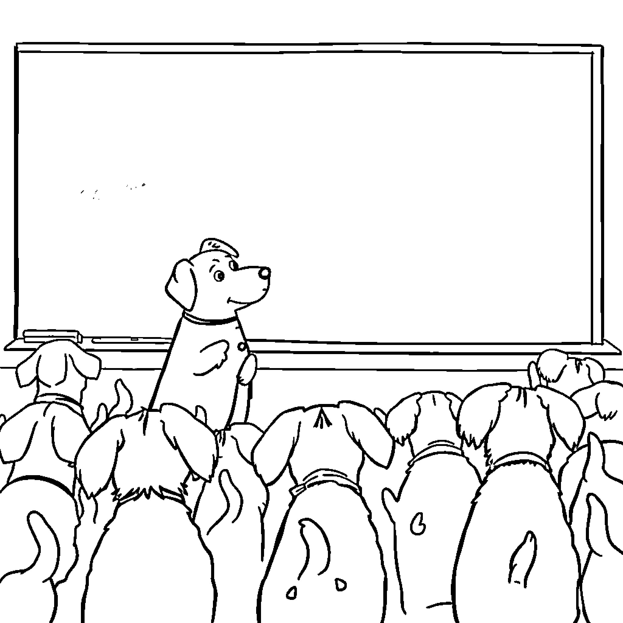 Dog standing out among other dogs in classroom Coloring Page (free black-and-white line drawing printable PDF for all, from beginners to advanced learners, including children, teens, adults, and seniors)