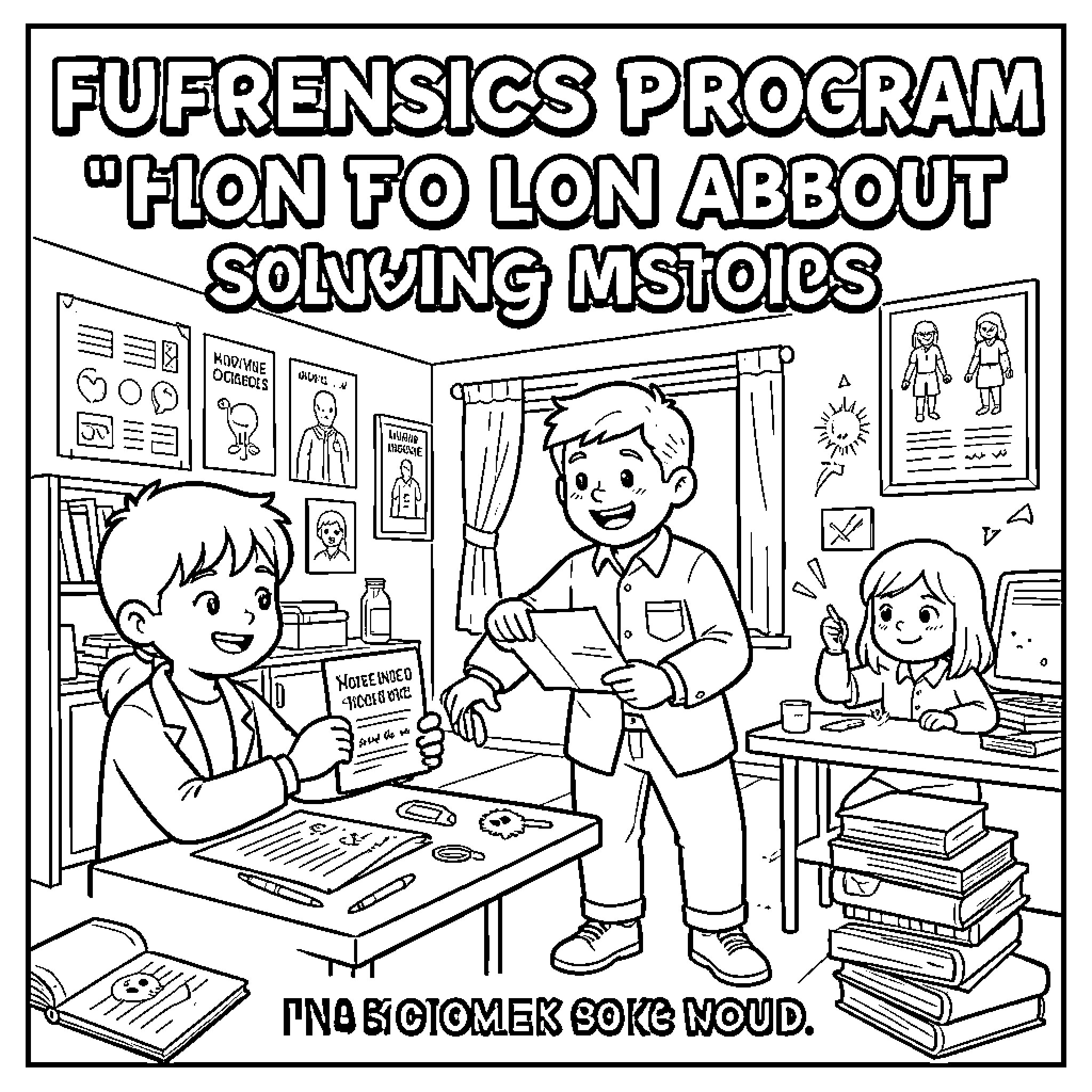 Forensic students examining evidence in a classroom setting Coloring Page (free black-and-white line drawing printable PDF for all, from beginners to advanced learners, including children, teens, adults, and seniors)