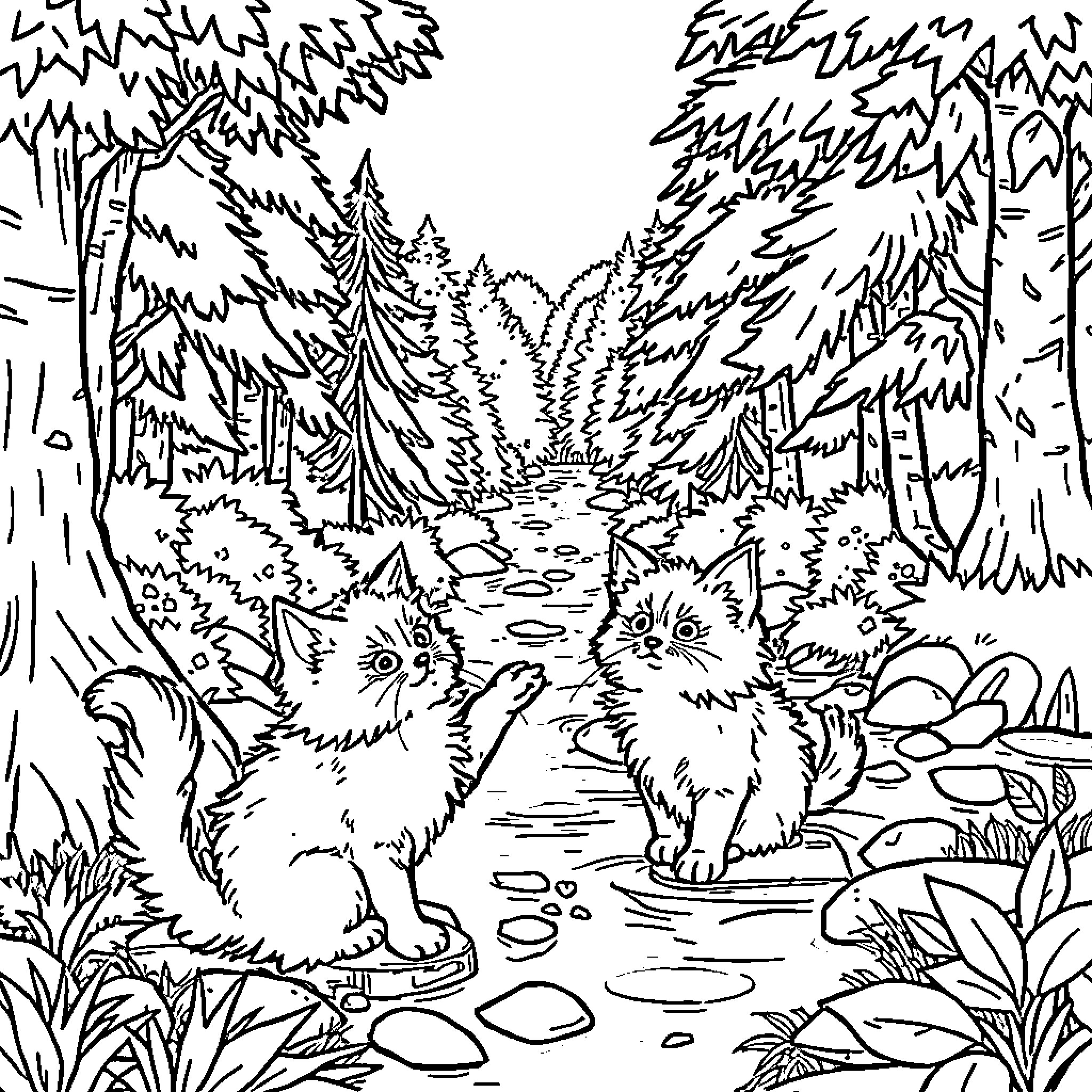 Cat Wandering Through Enchanted Forest Coloring Page (free black-and-white line drawing printable PDF for all, from beginners to advanced learners, including children, teens, adults, and seniors)
