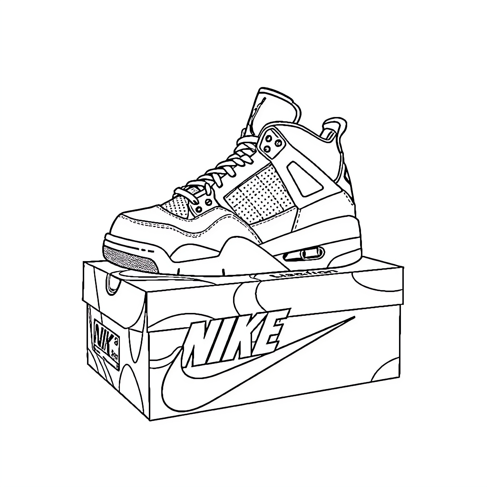Air Jordan sneaker design on Nike shoebox Coloring Page (free black-and-white line drawing printable PDF for all, from beginners to advanced learners, including children, teens, adults, and seniors)